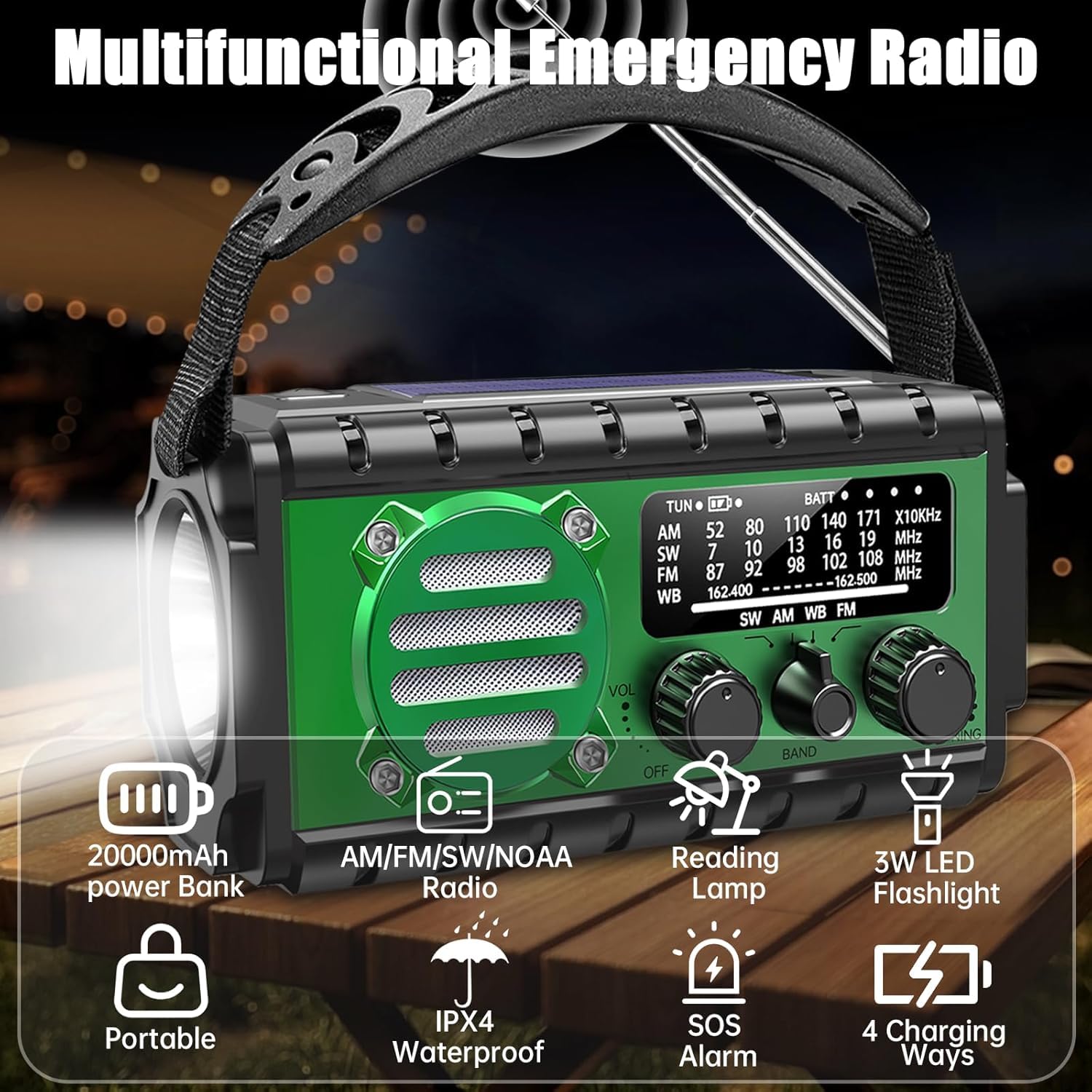 Radio Solar Portátil de 20000 mAh, Radio de Emergencia con Manivela, SW/Am/FM con Dinamo, Batería Externa Recargable, Linterna LED, Luz de Lectura LED, Alarma SOS