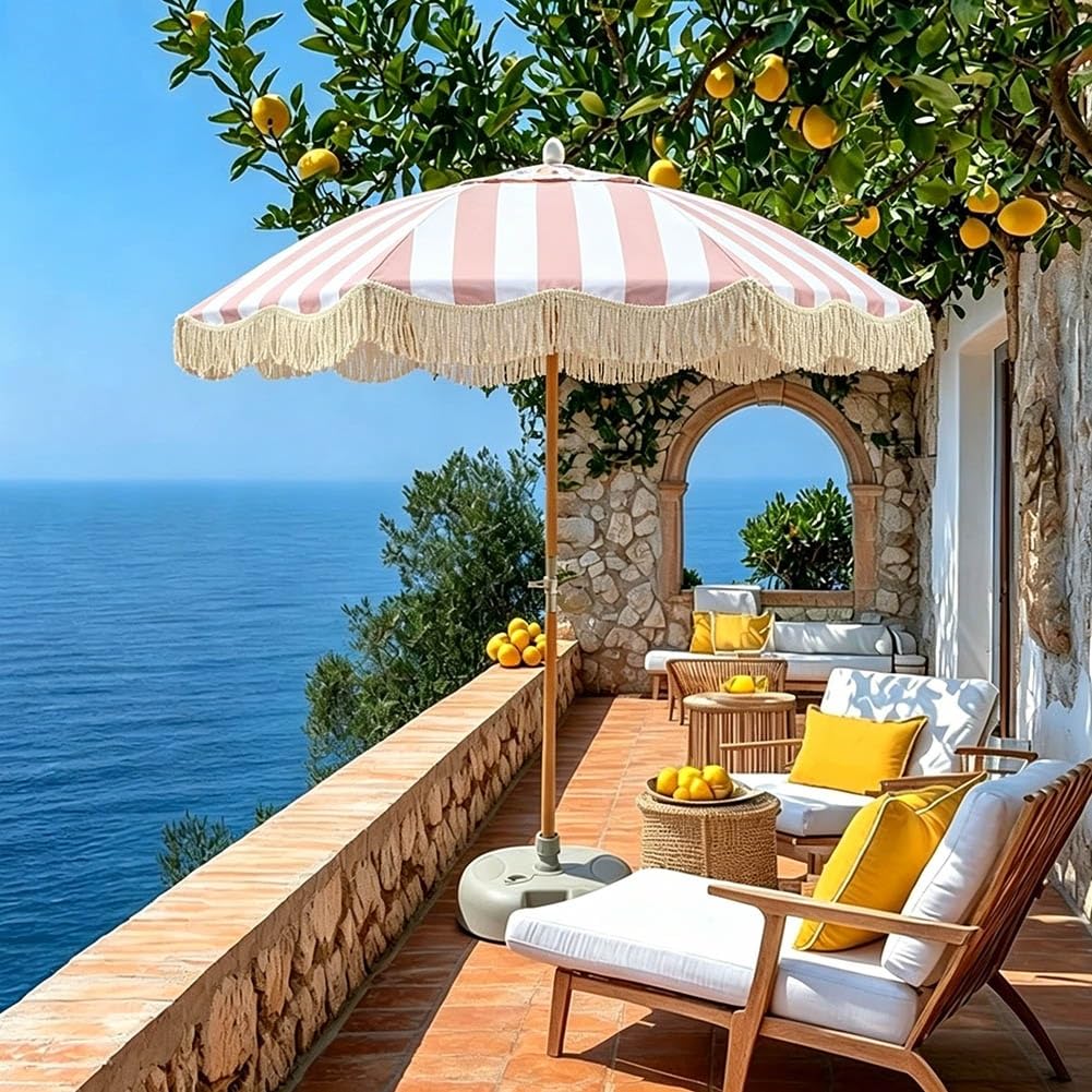 Boho Pasiasty Parasol Plażowy z Frędzlami, 200 cm Przenośny Parasol Tarasowy z Pochylanym Drewnianym Słupkiem do Basenu, Ogrodu, na Taras