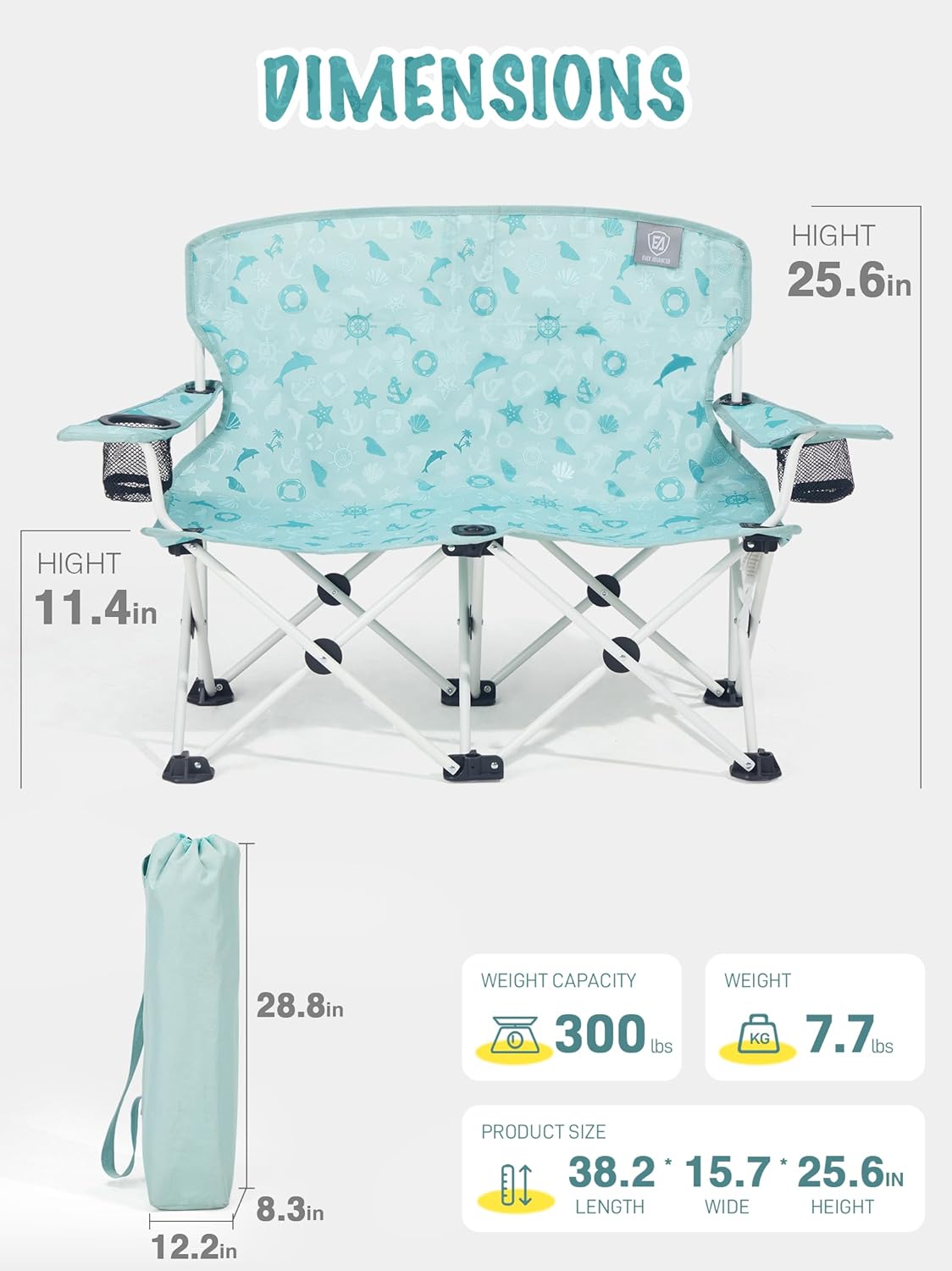 EVER ADVANCED Kids Double Camping Chair, Foldable Loveseat for Siblings & Twins with Cup Holders, Padded Kid Chair with Mesh Pocket, Portable Outdoor Sofa for Beach, Playroom, Supports 300lbs, Green