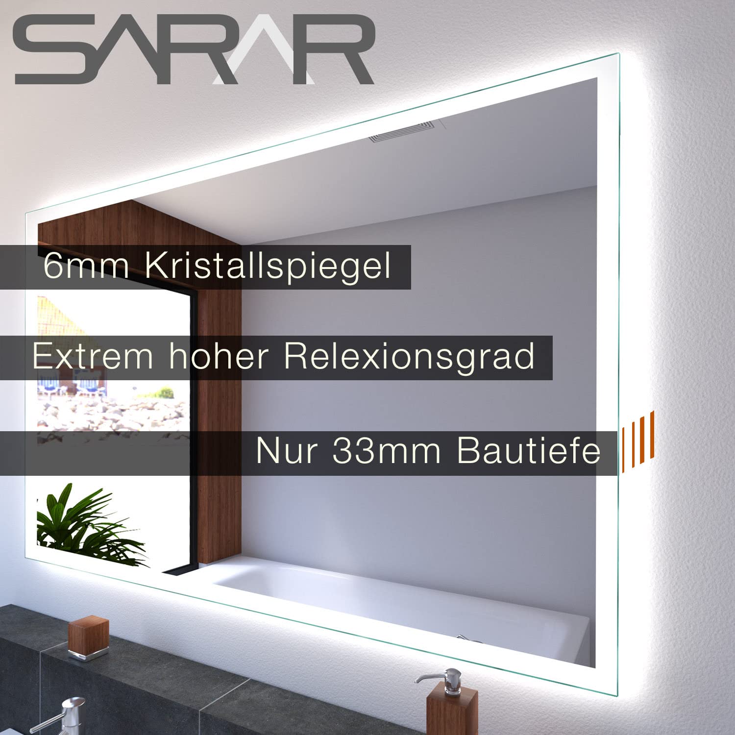 SARAR Badspiegel Spiegel Badezimmerspiegel mit LED-Beleuchtung 100x70cm Made in Germany Wandspiegel Mirror Spiegel Bad mit Licht nach Maß Designo MA4110