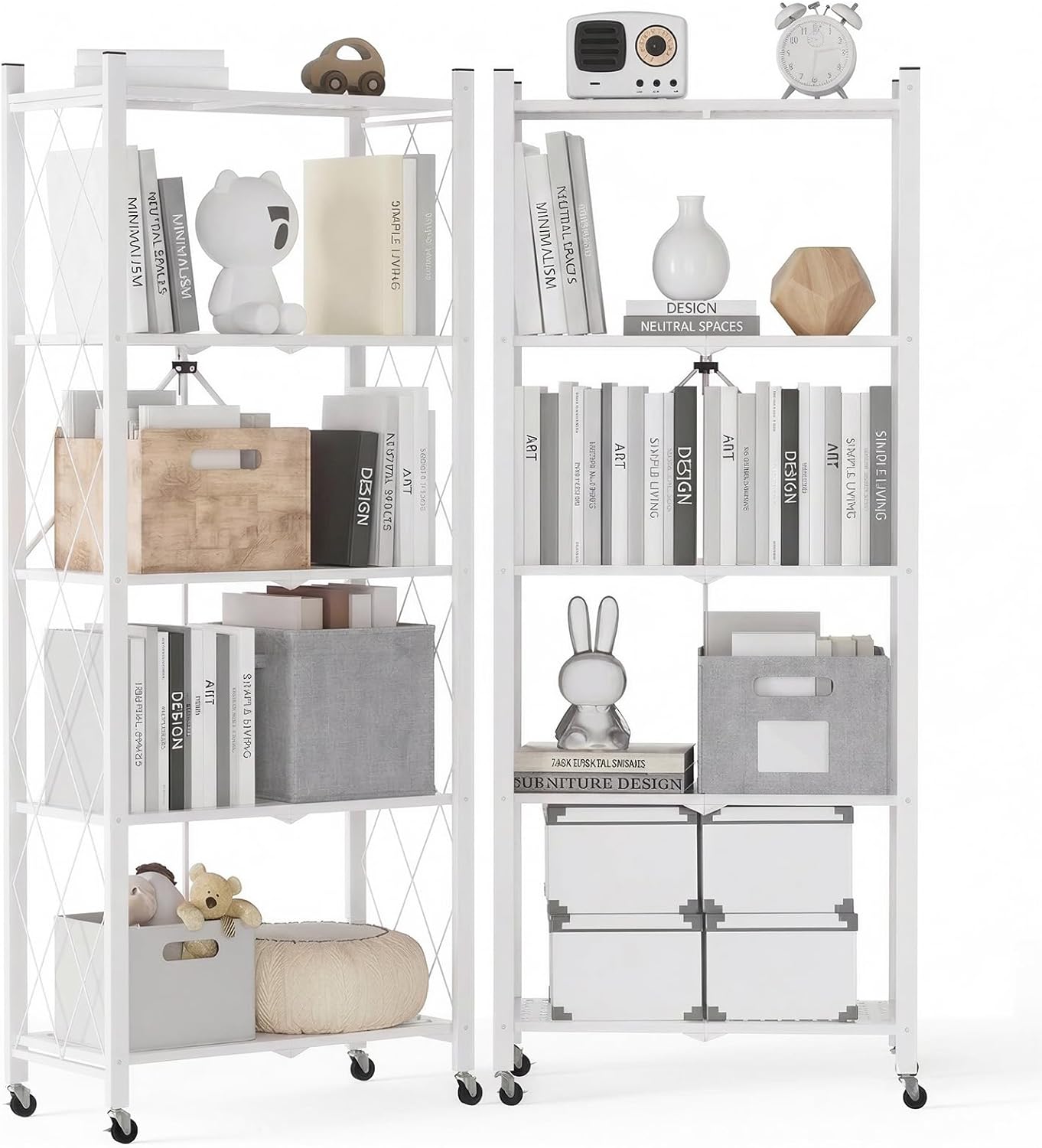 ALANNG 2-Pack Folding Bookshelf on Wheels, Cute Rolling Shelves for Bedroom, Colorful Storage Cart for Kids Rooms, Nursery, No Assembly Metal Book Shelf (5 Tier, White)