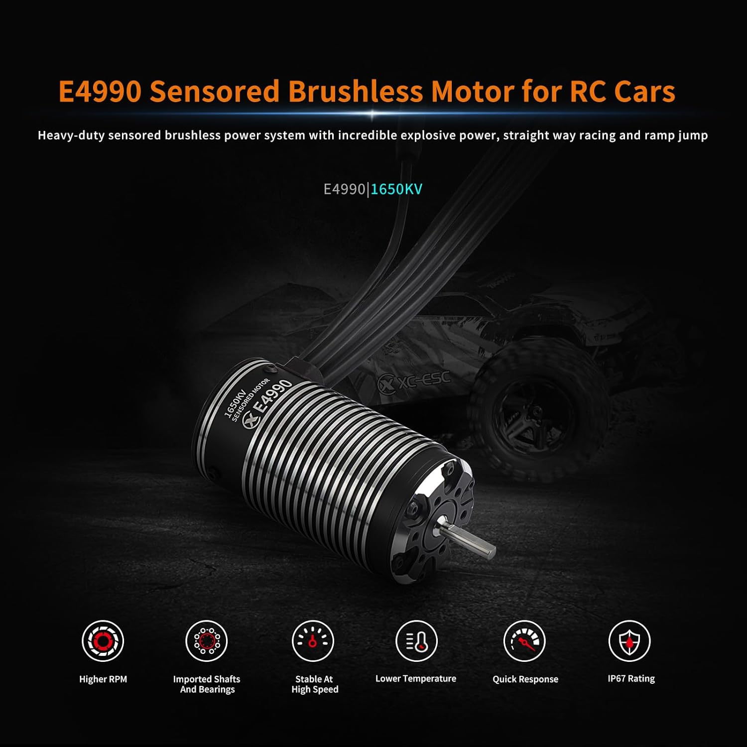 XC E4990 Sensored Brushless Motor for RC Car,3-8S Lipo 1650KV,IP67 Water Proof,Applicable to:1/6 1/7 On-Road,Short Course Monster - Image 3
