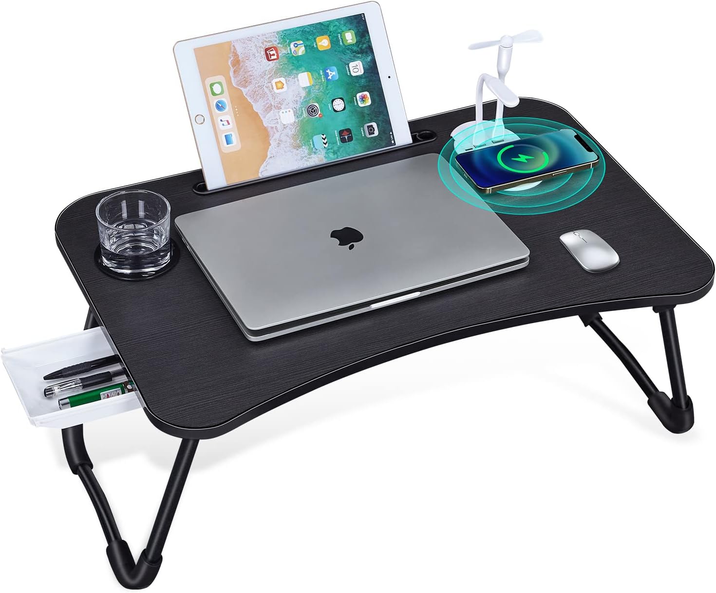 Lap Laptop Desk, Laptop Bed Tray Table, Portable Tray Bed Desk, 23.6 inch Foldable Laptop Desk with Wireless Charging, 2 USB Ports, Storage Drawer, Cup Holder, for Home Office School