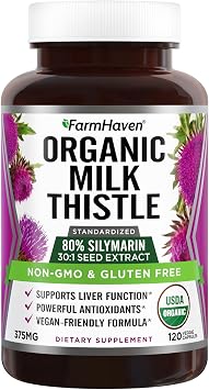 كبسولات شوك الحليب العضوية من FarmHaven USDA | مستخلص بذور مركّز 30X و80% سيليمارين موحد - يدعم وظائف الكبد والصحة العامة | غير معدّل وراثيًا | 120 كبسولة نباتية