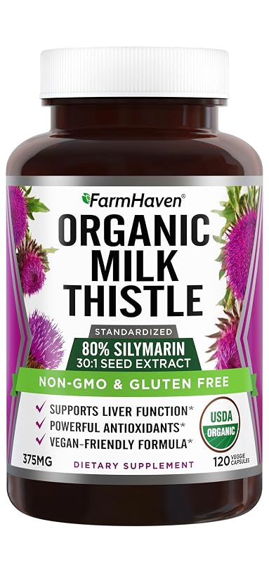 FarmHaven Suplemento Fitoterápico de Cardo-Mariano Orgânico, Extrato 30:1, 375 mg de Extrato e 300 mg de Silimarina por Cápsula, 120 Cápsulas Veganas