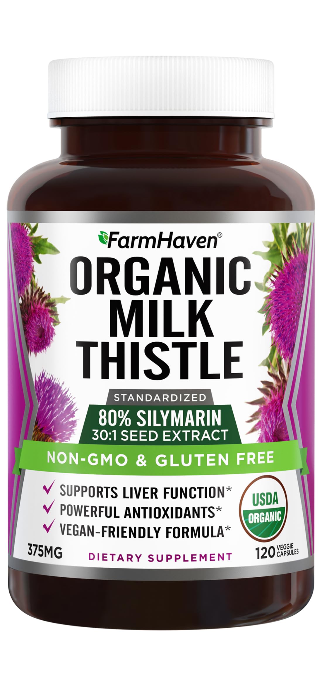 FarmHaven USDA Organic Milk Thistle Capsules |30X Concentrated Seed Extract & 80% Silymarin Standardized - Supports Liver Function and Overall Health | Non-GMO | 120 Veggie Capsules