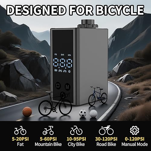 Miniatura 5 de Mini bomba de bicicleta con manómetro, bomba eléctrica de bicicleta de 120 PSI, bomba de aire recargable para bicicleta portátil, parada automática
