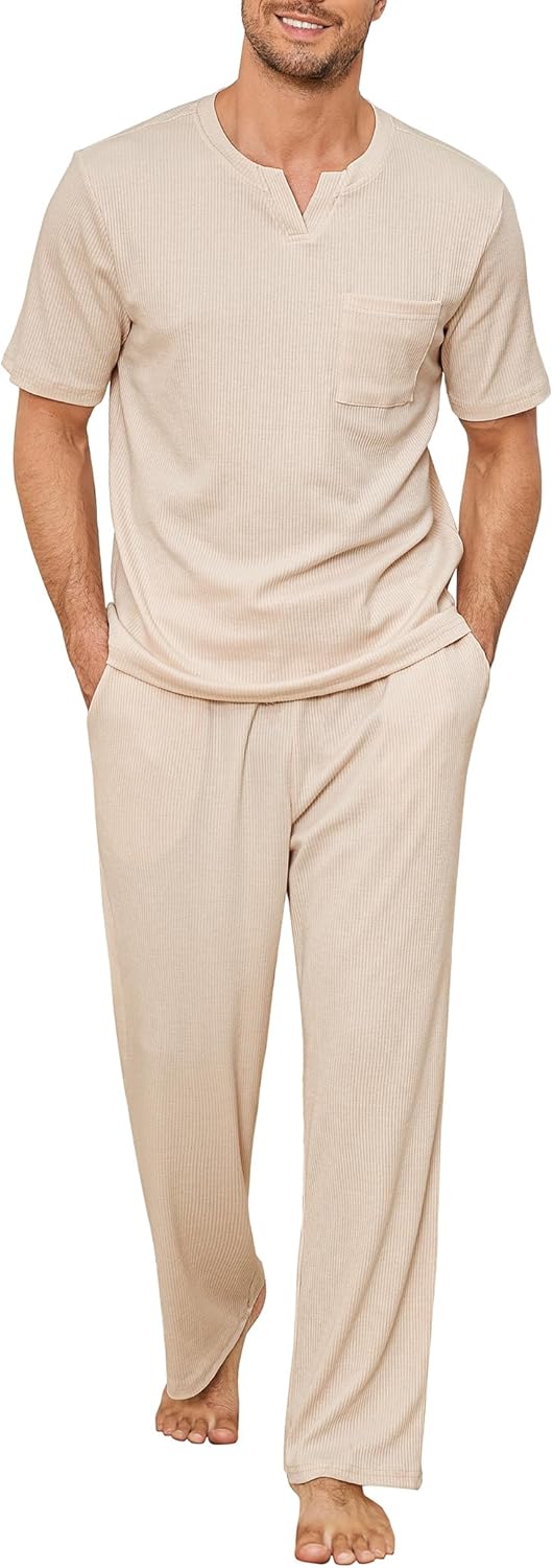 JiniGolla Mens Pajamas Set Soft Short Sleeve Top and Pant Loungewear Sets 2 Piece Pjs with Pockets