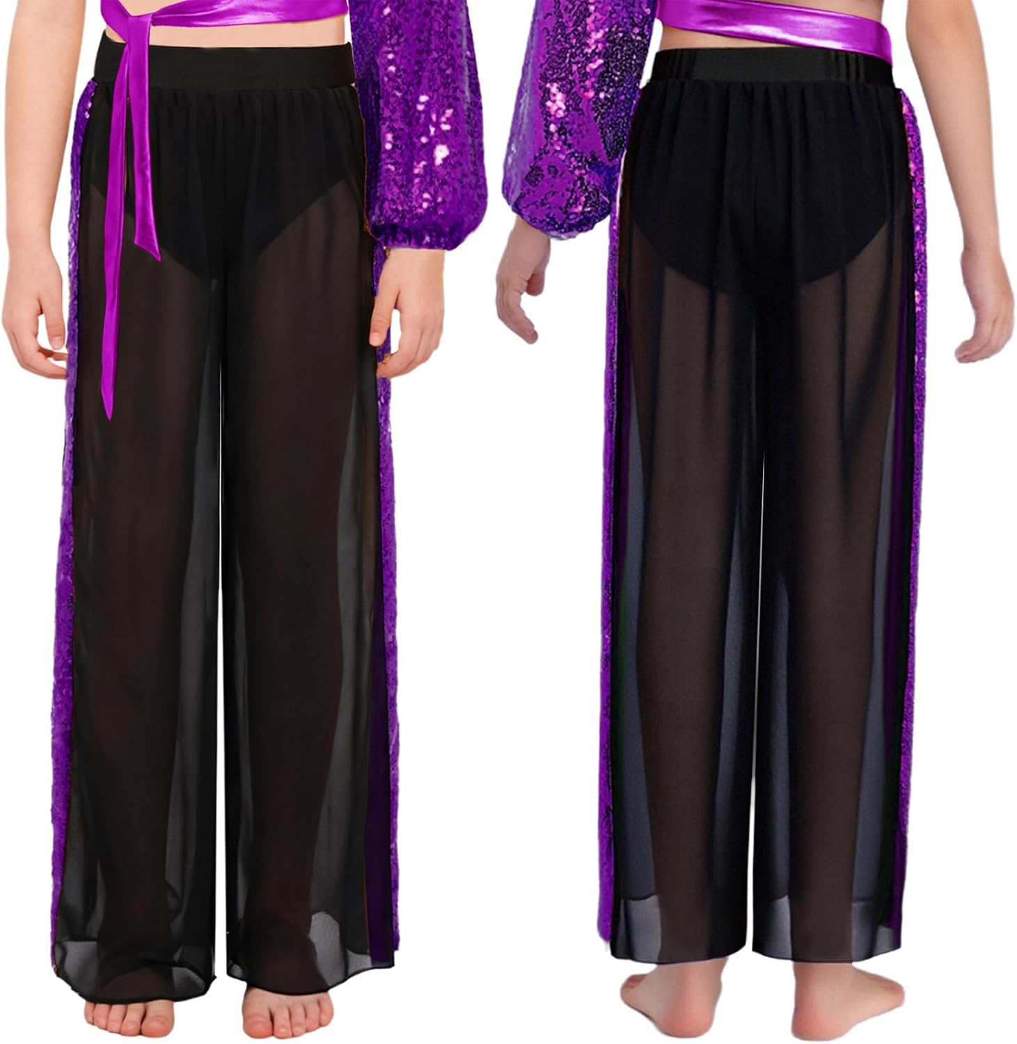 Linjinx Kids Girls Wide Leg Power Mesh Pants with Built-in Briefs Contemporary Jazz Ballet Lyrical Dance Trousers