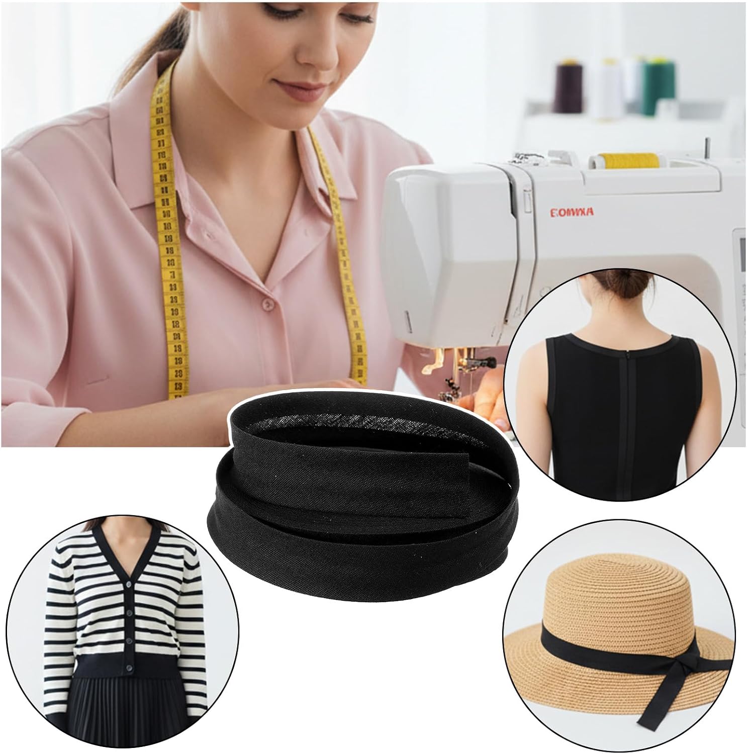 Double Fold Bias Tape, 1/2 Inch 10 Meters Bias Tape for Sewing - Black Polyester Fabric Roll for Hemming Seaming Binding Crafts