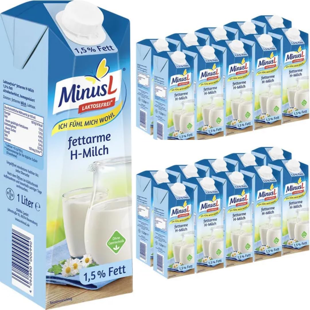 MinusL Milch Laktosefreie H-Milch 1,5% Fett Haltbare Milch, je 1 Liter, 20 Stück+ pufai