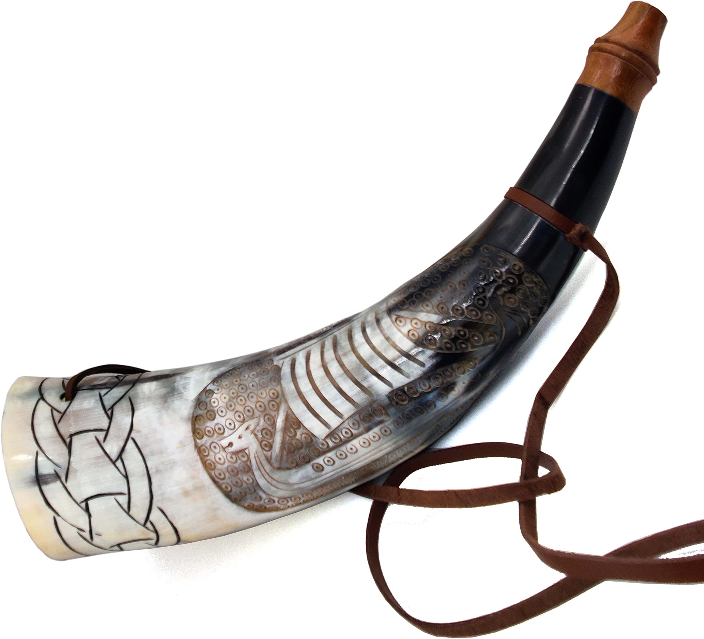 Viking War Horn - 16" Genuine Ox-Horn Battle Trumpet - Premium Hand Engraved BOAT Horn Viking Norse Cattle Ancient Horn Bugle Hunting Tool BATTLE HORN BLOWING HORN VIKING BUGLE HORN With Wooden Stand