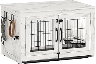 Piskyet Wooden Dog Crate Furniture with 360°Rotatable Removable Dog Bowls, Dog Crate End Table with Tray, Double Doors Dog Kennels for Dogs(M:31.8" L*22.1" W*24.1" H,Marble White)