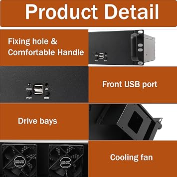Server Case 2U, Server Chassis with 3X3.5 HDD, Rack Mount PC Case with 2 Fans, 4 x PCI Slot 2U Rack Case, 2U Rack Drawer for Network & Studio