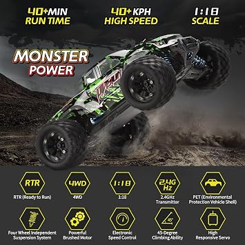 TENSSENX 1:18 Scale All Terrain RC Cars, 40KPH High Speed 4WD Remote Control Car with 2 Rechargeable Batteries, 4X4 Off Road Monster Truck, 2.4GHz Electric Vehicle Toys Gifts for Kids and Adults