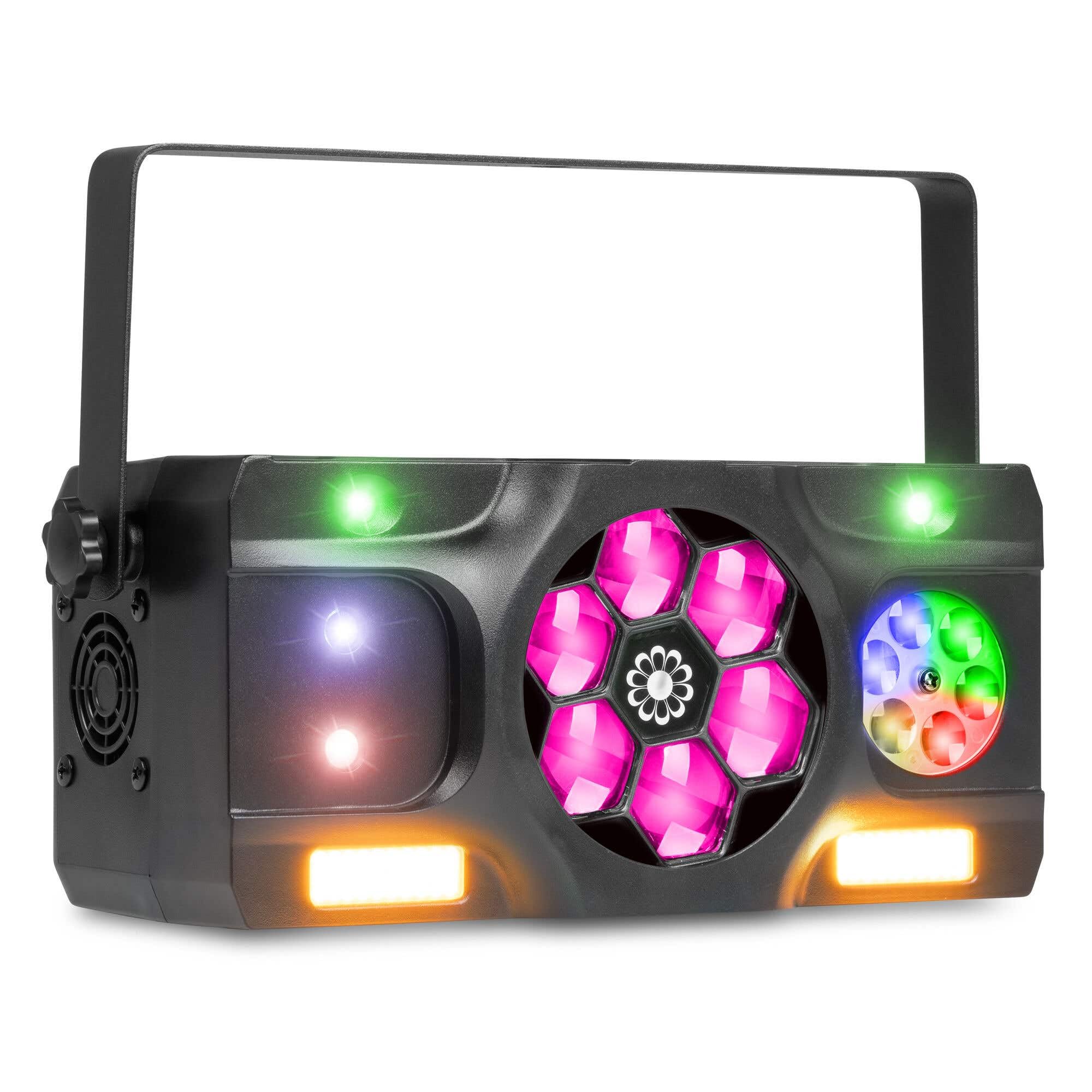 Fuzzix Stellar2 Jeu de Lumière LED Triple Effet, Derby RGBW, Gobo Rotatif & Stroboscope, Télécommande Incluse, Modes Auto & Musical, Éclairage DJ, Bars, Clubs et Événements Festifs