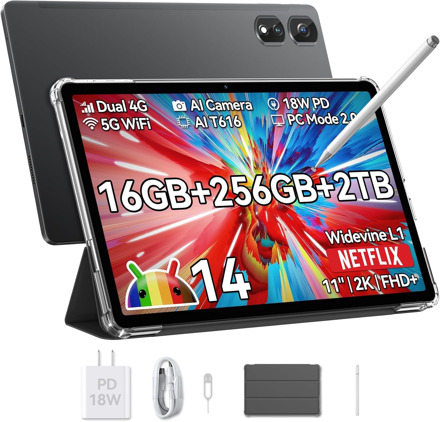 Blackview Tab16Pro Tablet 11 Zoll, Android 14 Tablet 16GB RAM 256GB ROM (2TB TF) 4G LTE 5G WiFi Tablet mit Stift und Hülle, 13MP+8MP, 7700mAh, 2K Display Widevine L1, GPS