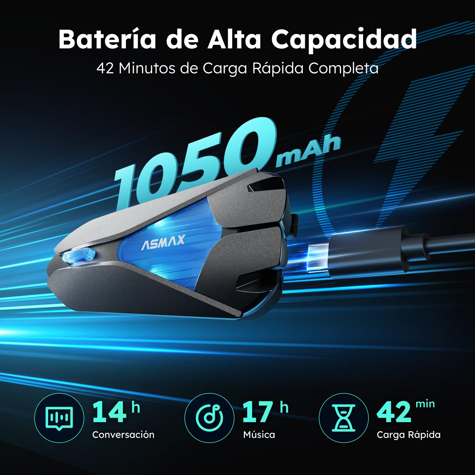 ASMAX Z1 Intercomunicador Casco Moto Bluetooth, 10 Motociclistas Mesh Intercom, Control de Voz, 42 min Carga Rápida/Montaje magnético/Cancelación de Ruido/Emparejamiento Universal, IP67, Individual