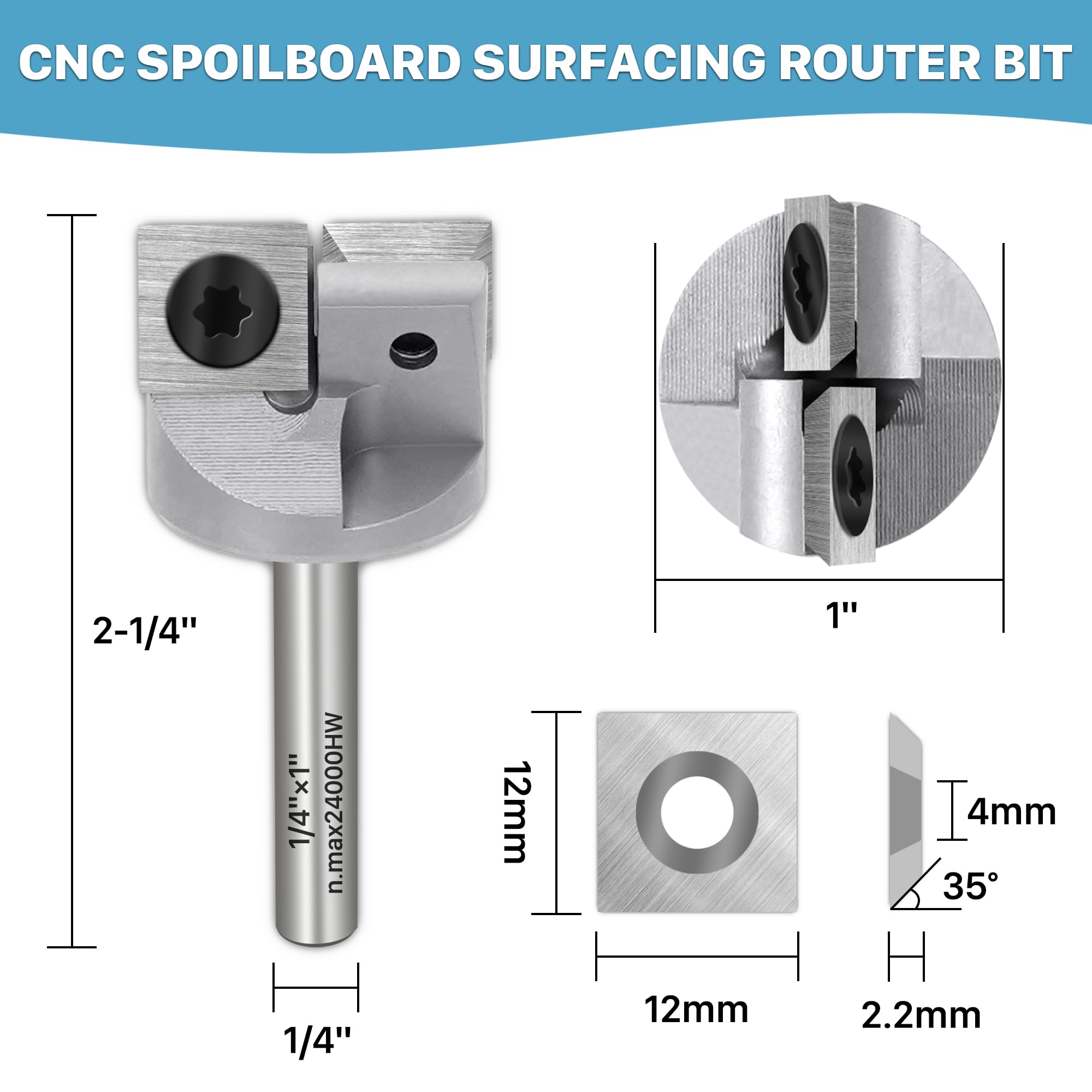 KEENTECH Fraise à défoncer de surface CNC à tige de 6,35 mm – Pointe en carbure de tungstène de qualité industrielle, inserts remplaçables à 2 ailes, foret d'aplatissement de dalle pour le travail du