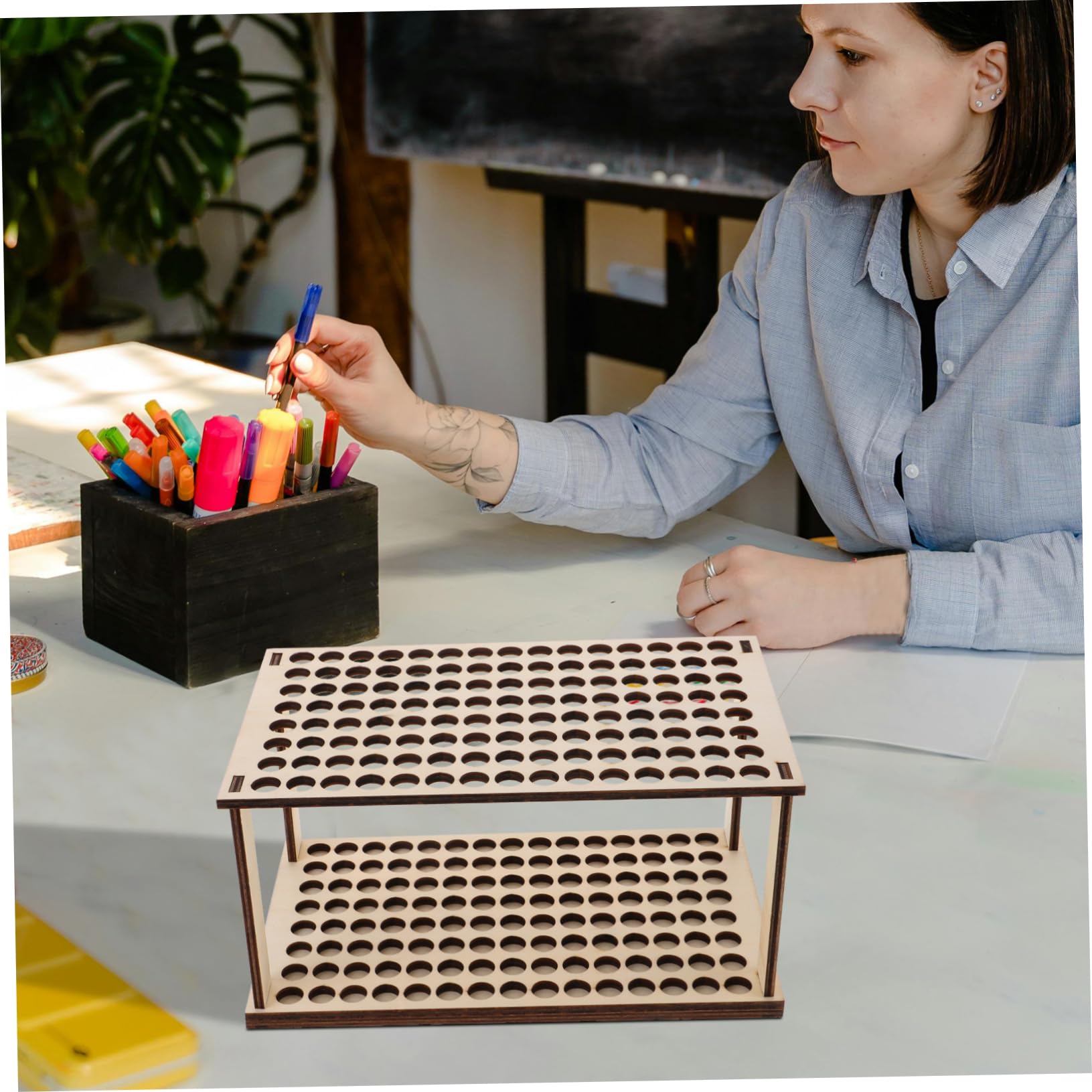 Uonlytech 5 Pezzi Porta della penna in legno organizer per la conservazione dei pennelli portapennelli per studenti organizzatori da scrivania porta pennelli di legno Beige