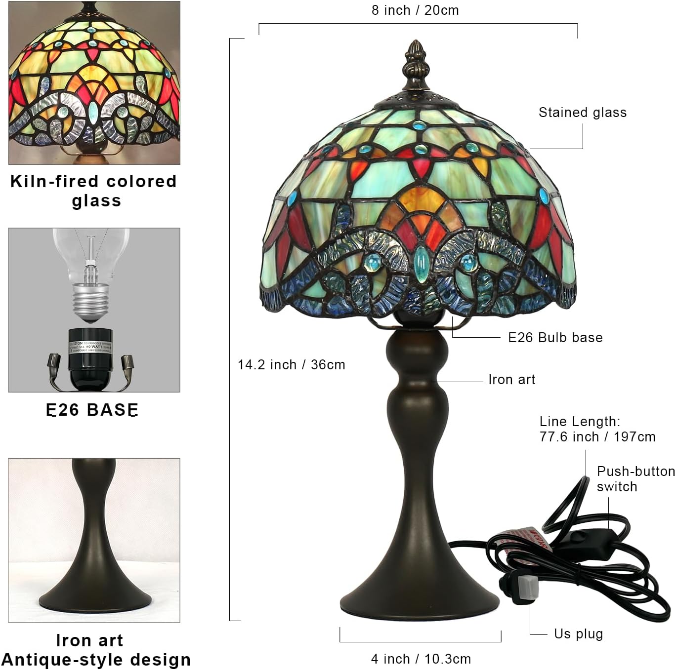 Tiffany Table Lamp,8 Inch Stained Glass Table Lamp,Small Antique Style Lamp,Living Room Bedroom Bedside Nightstand Desk Lamp(Baroque)