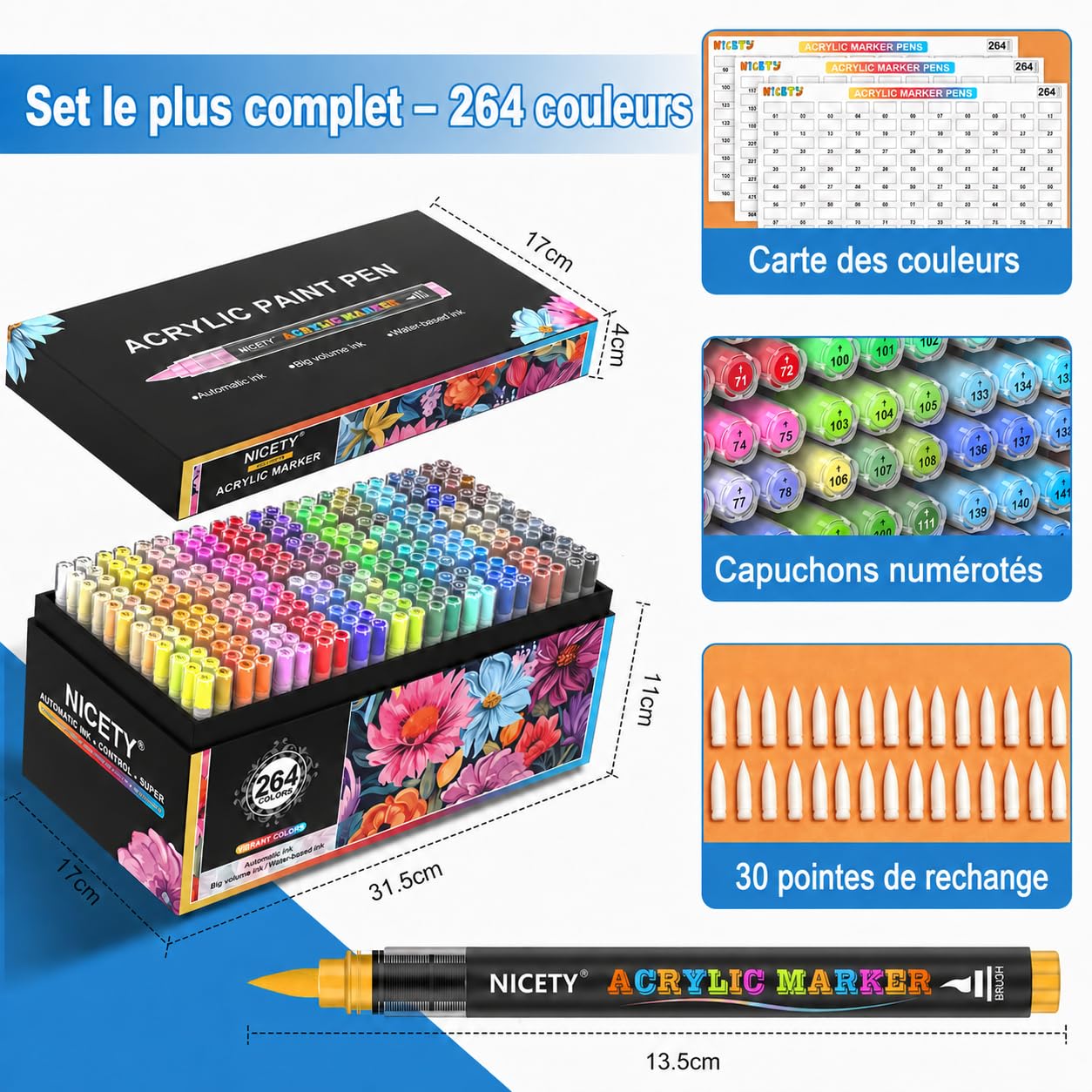 NICETY 264 Feutres Acryliques à Pointe Pinceau - Marqueurs Peinture à l'Eau Multi-Supports pour Pierre, Bois, Céramique, Verre - Pointe Flexible 1-6mm pour Artistes, Débutants et Adultes