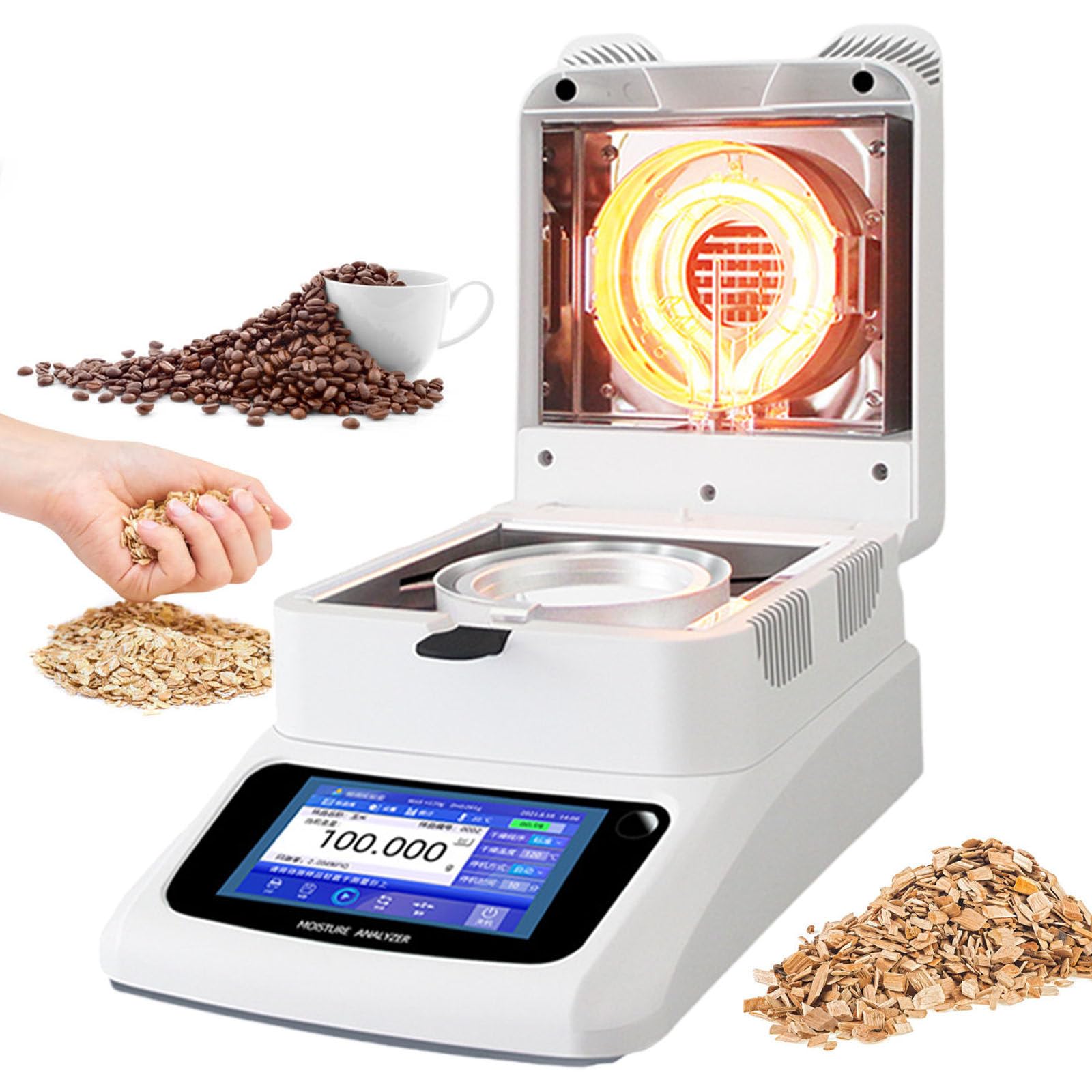 Feuchtigkeitsanalysator mit 0,01% Ablesbarkeit, 3 Trocknungsmodi, Touchscreen, 120 g Kapazität, RS232-Schnittstelle, Labor-Festfeuchtemessgerät für Lebensmittel, Futtermittel, Bau, Gummi