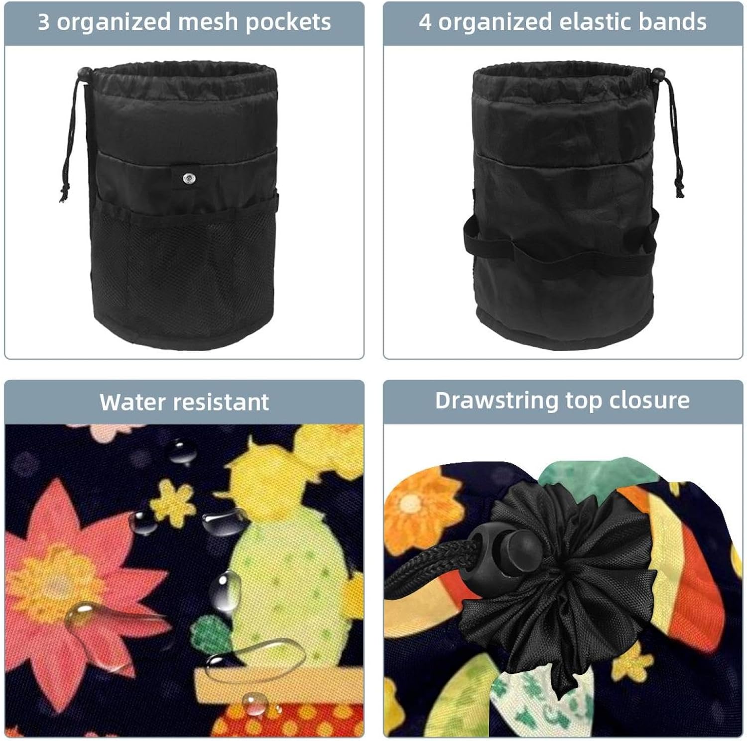 2PCS Colorful Cactus-5 Travel Cosmetic Bag Makeup Organizer Bag Bathroom Cases Toiletry Bag with Drawstring (Cylindrical bag and small bag) image 3