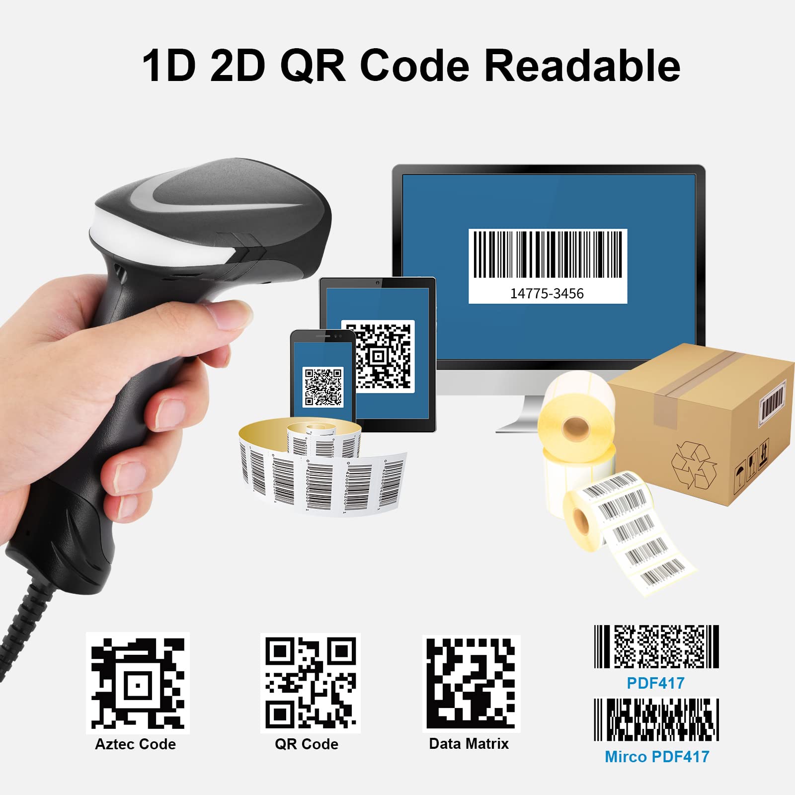 1D 2D Kabelgebundener Barcode Scanner, QR-Barcode-Scanner, Handheld-Barcode-Lesegerät QR Data Matrix PDF417