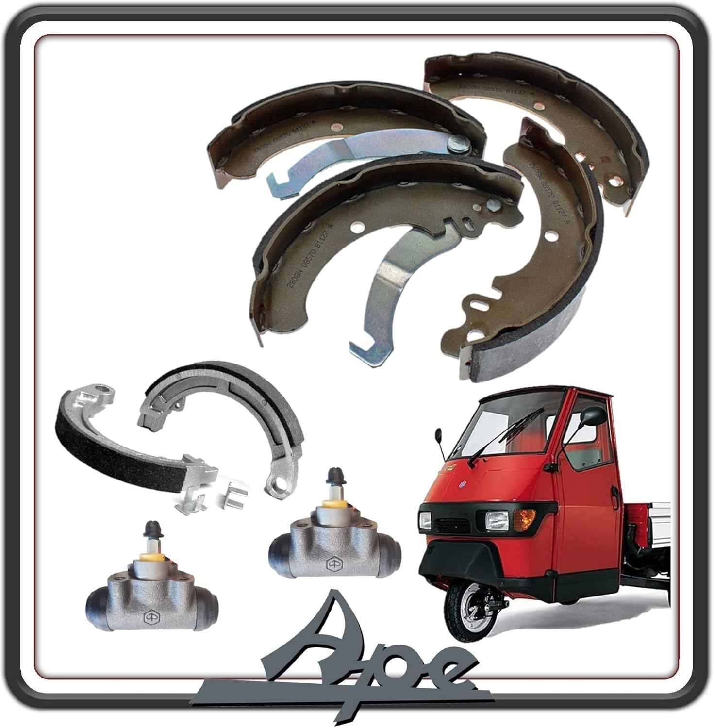 KIT GANASCE CEPPI FRENO FRENI ANTERIORE E POSTERIORE COMPLETO DI 2 CILINDRETTI FRENO COMPATIBILI CON PIAGGIO APE 50 TUTTE LE VERSIONI.