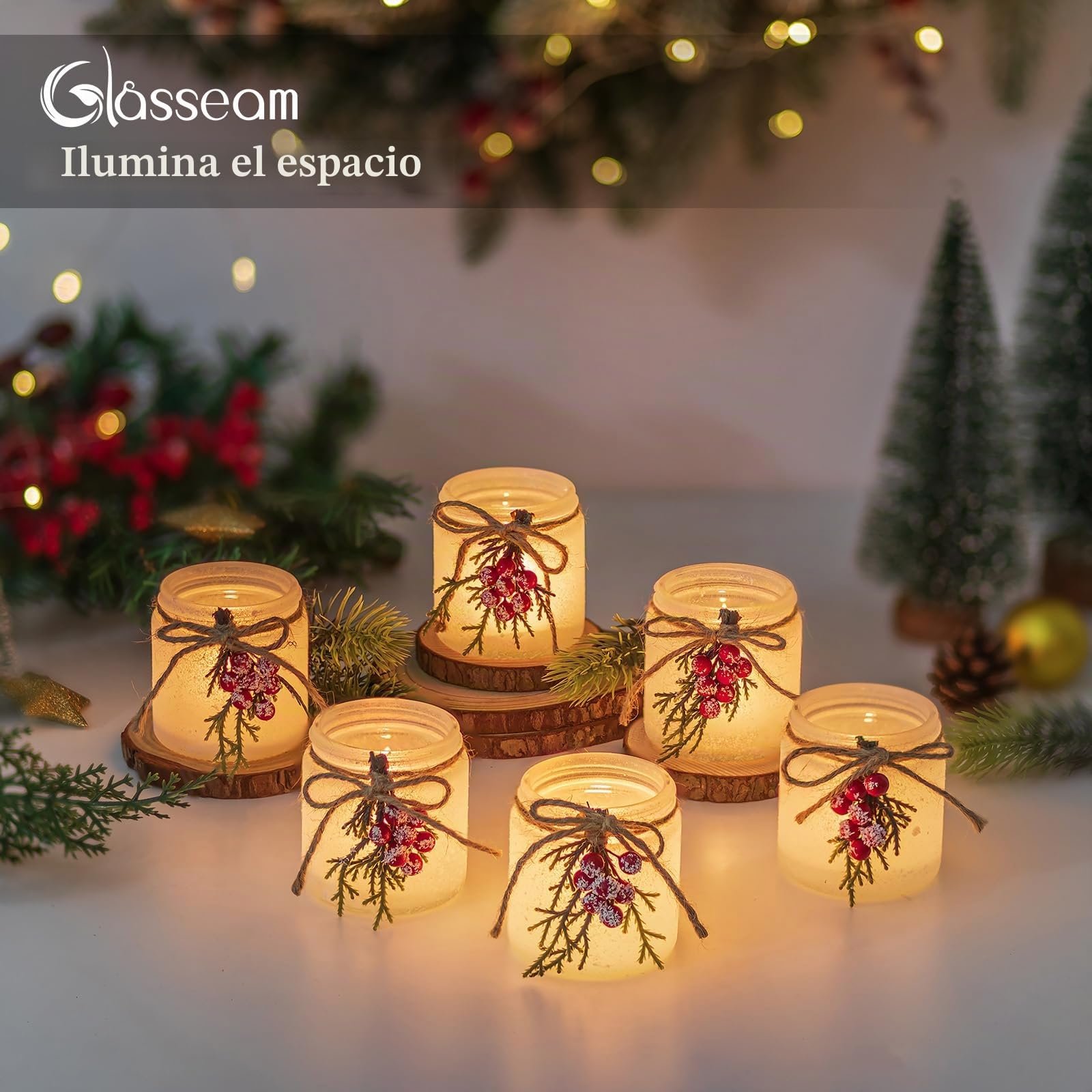 Glasseam Candelabros NavideñOs Decorativos: Juego De 6 Candelabros De Vidrio con Forma De Bayas Rojas Y Agujas De Pino para Centros De Mesa.