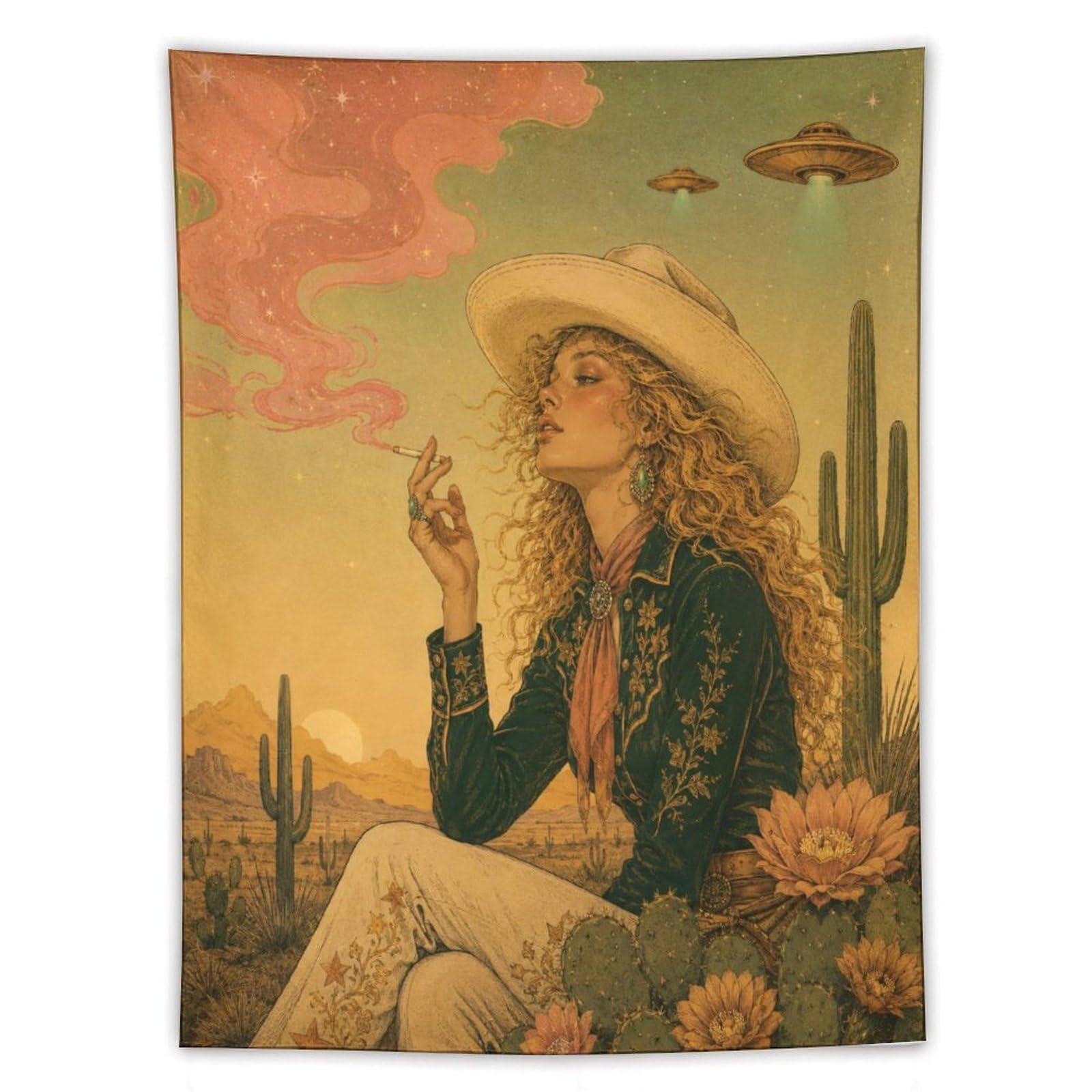 H3B8U2Y5 UFO Cowgirl Desert Sunset Wall Tapestry, Surrealist Style, Office