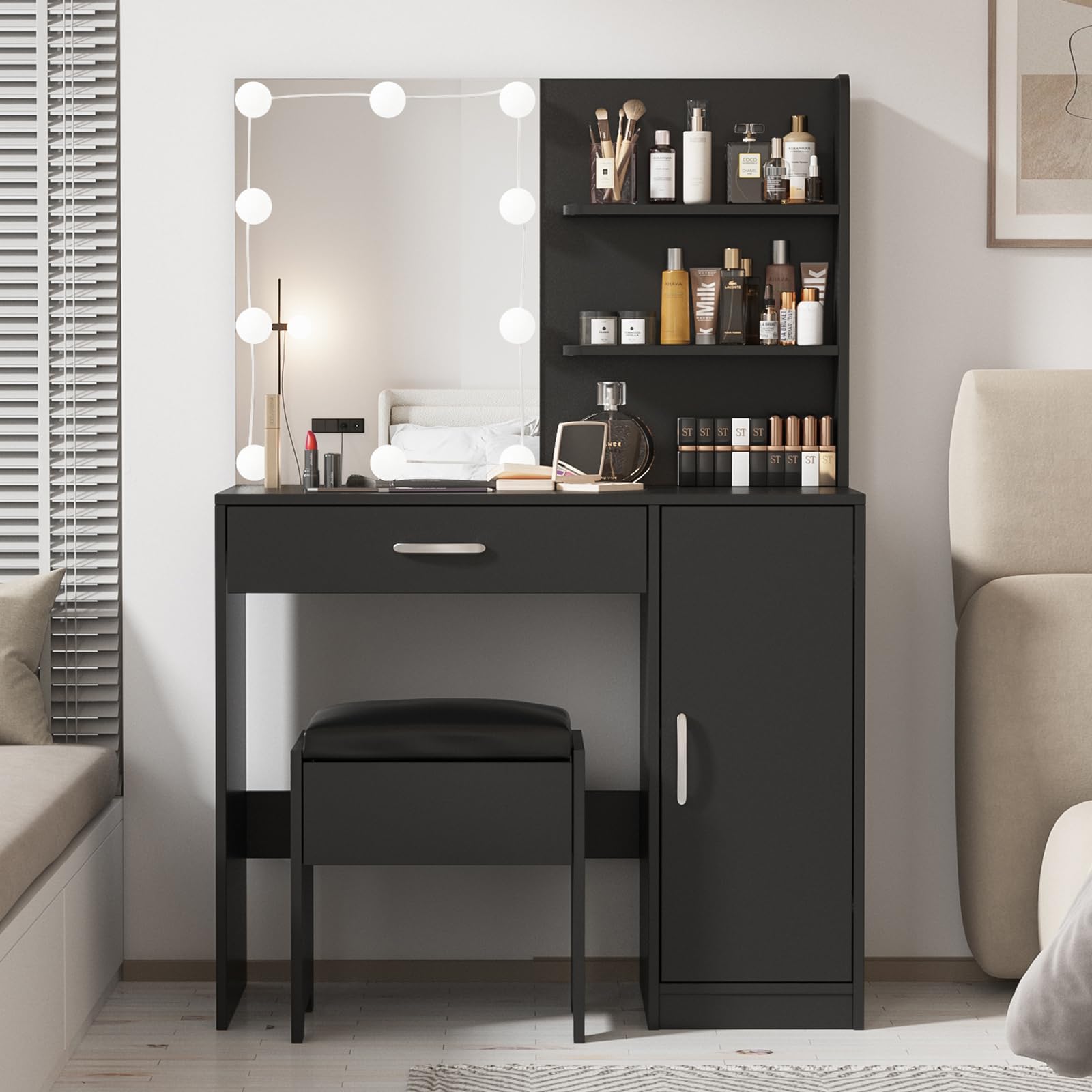 Vabches Makeup Vanity with Lighted Mirror, Desk Drawer and Storage Cabinet, Dresser Mirror Dressing Table for Bedroom, Bathroom, Black