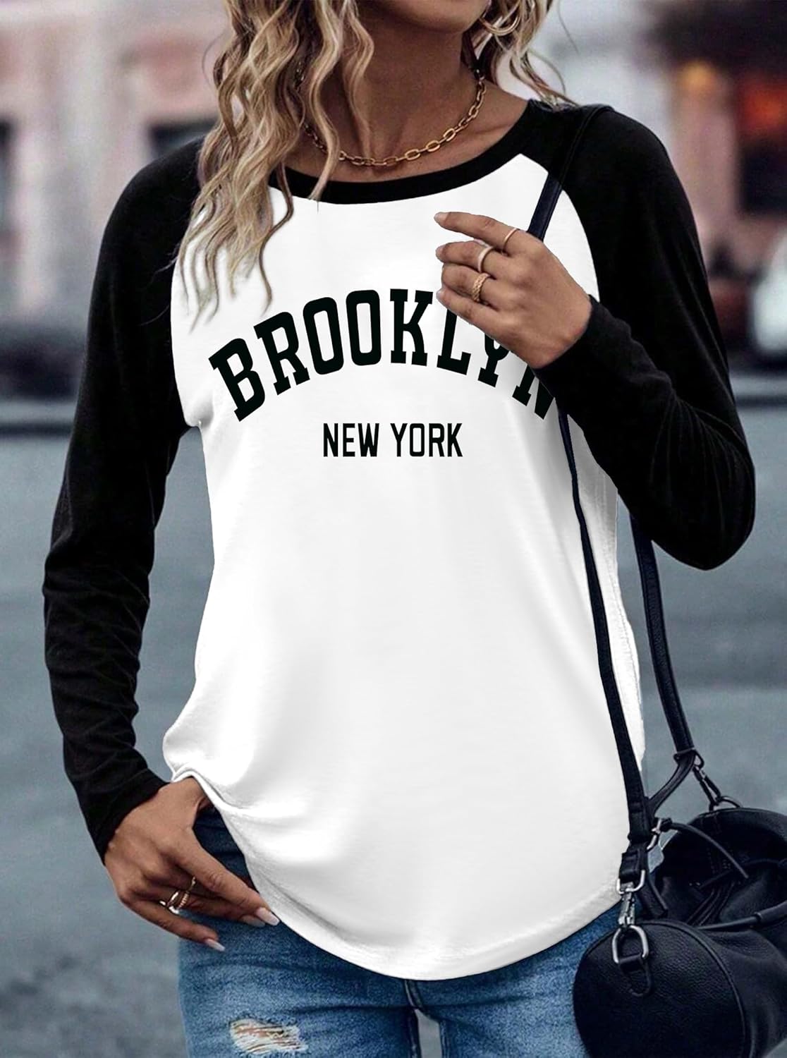 Hilinker Women's Long Sleeve Graphic Tees Color Block Tops Casual Loose Crew Neck T Shirts - Image 4