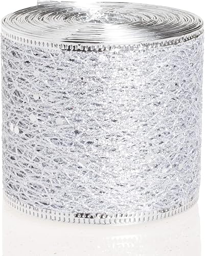Cinta de malla plateada con brillantina, cinta de borde con alambre de Navidad para decoración del hogar y árbol de Navidad, 2.5 pulgadas x 10 yardas