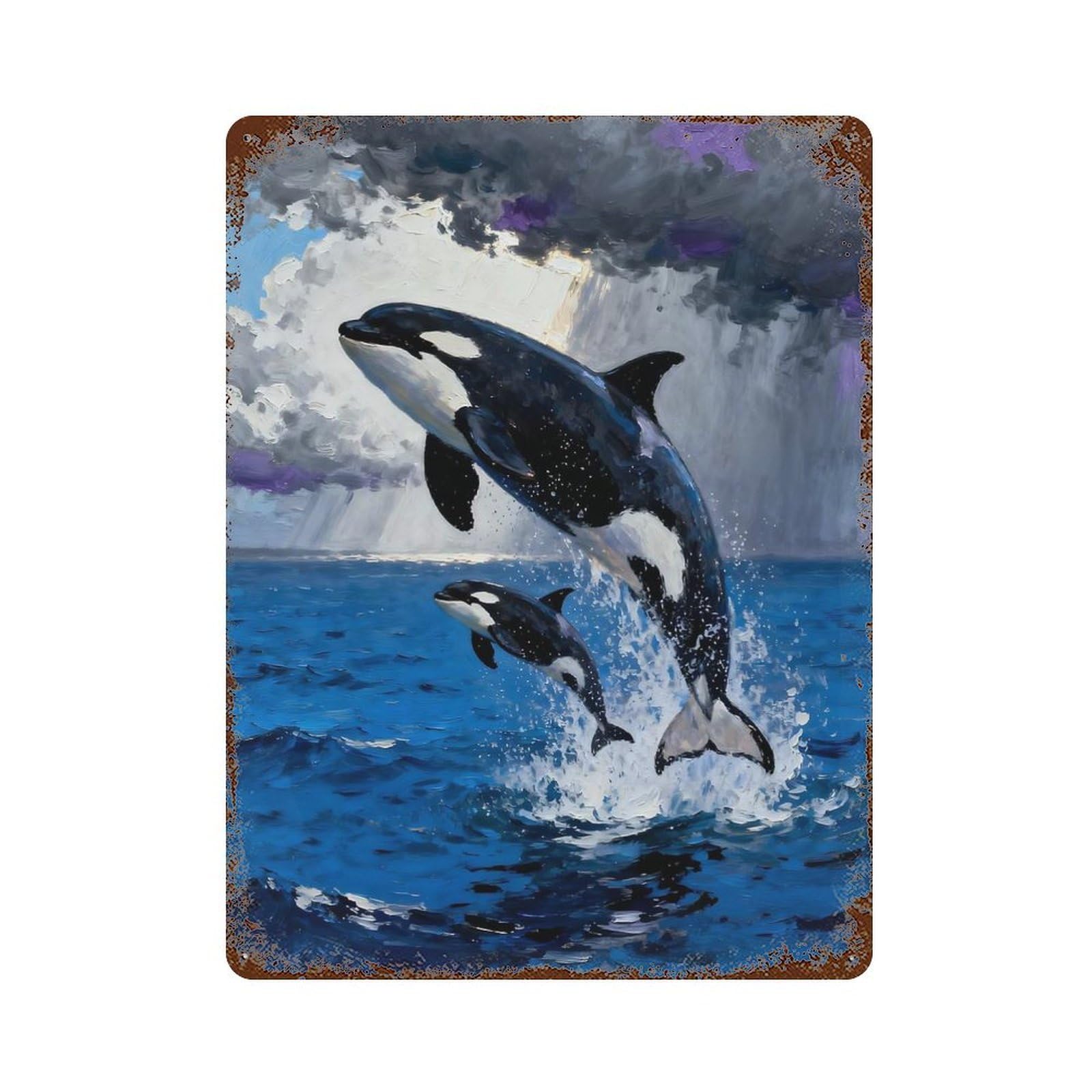 Garage Style Orcas Leaping from The Ocean Painting Rustic Tin Plaque 15.7"x11.8", Farmhouse Wall Decor for Bar And Workshop