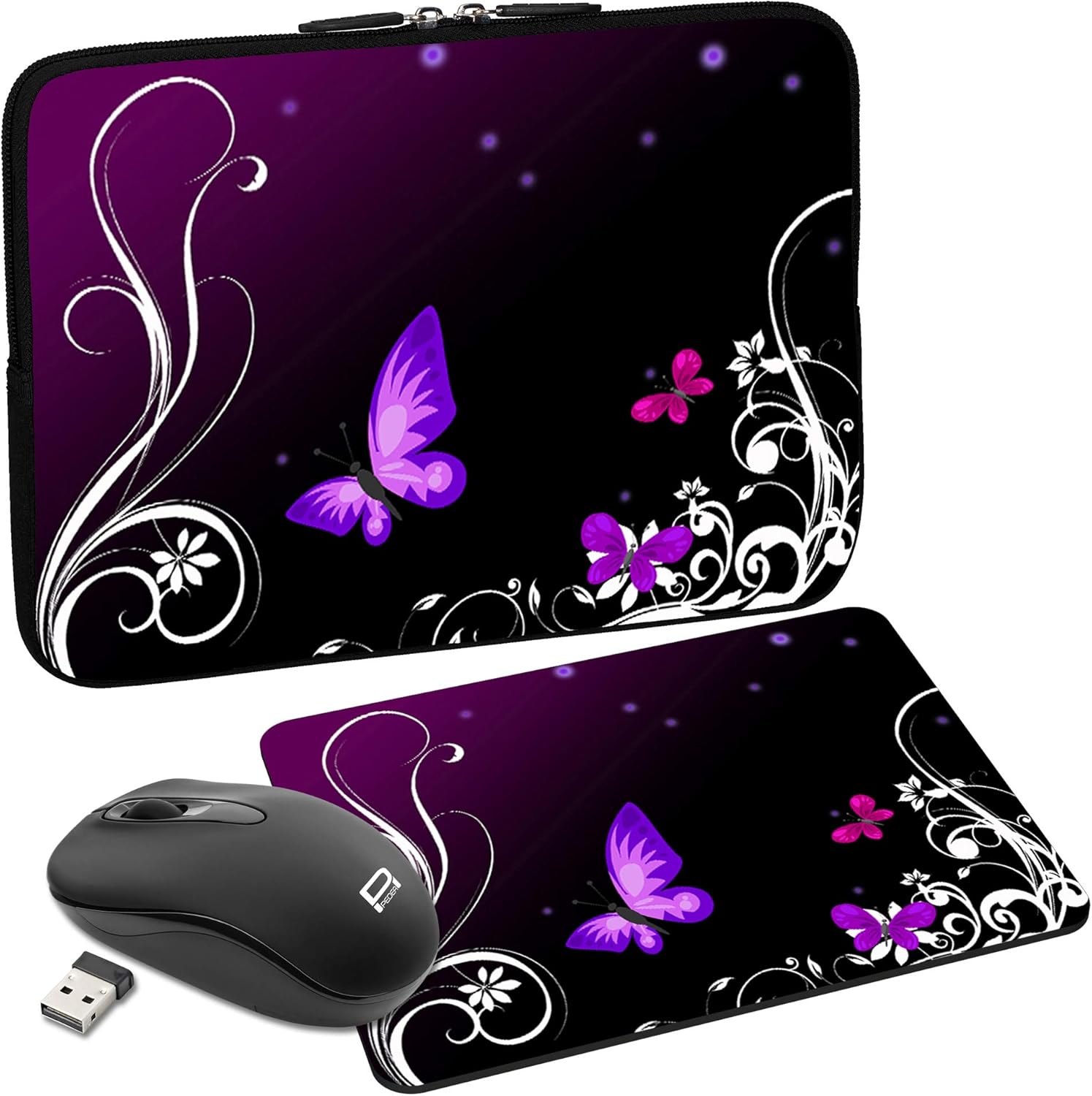 PEDEA Design Protective Case for Laptops up to 15.6 Inches with Mouse Pad and Wireless Mouse Purple Butterfly
