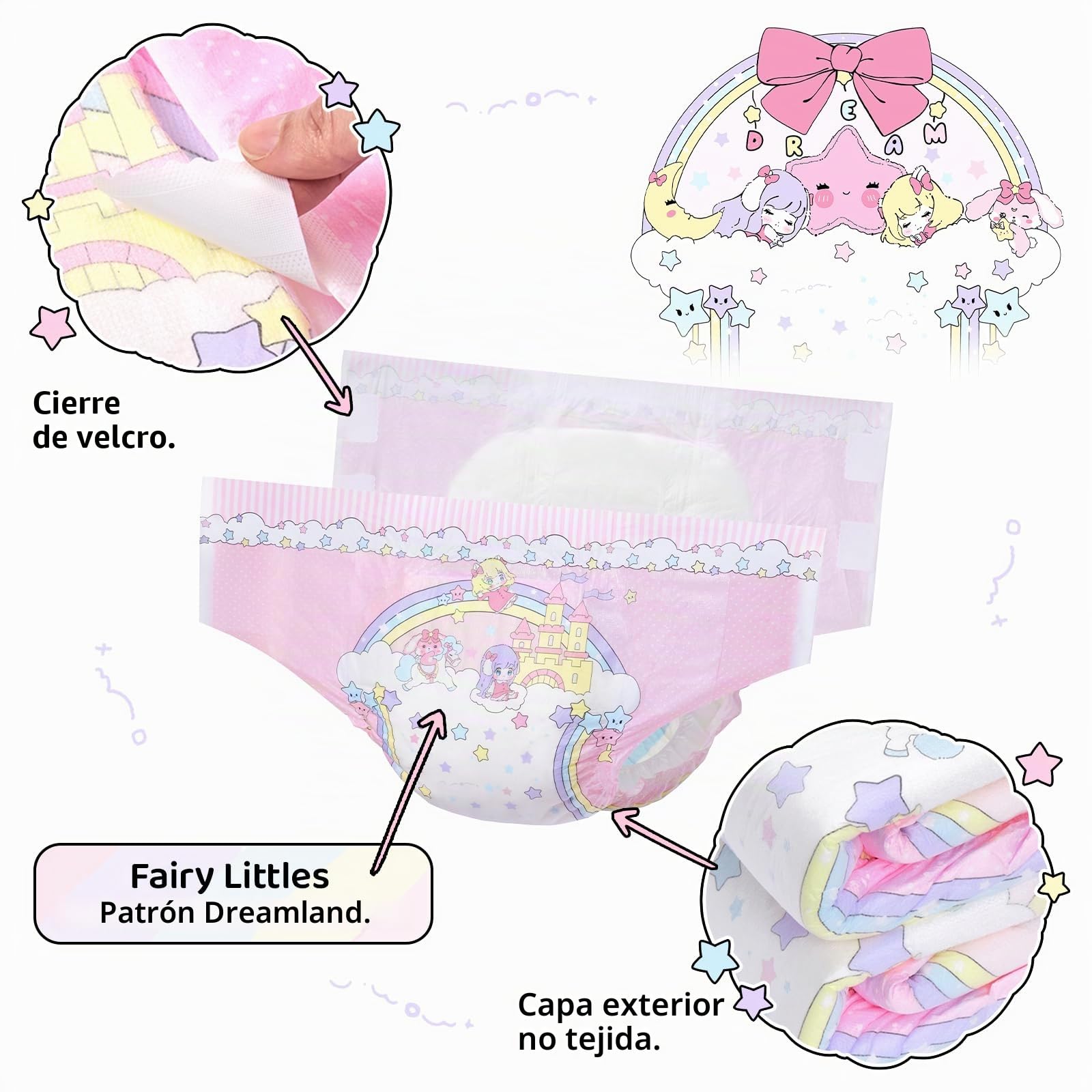 LittleForBig Pañales ultra absorbentes de 7000 ml con cierre de ajustable para adultos, 10 piezas, Fairy Littles in Dreamland (M)