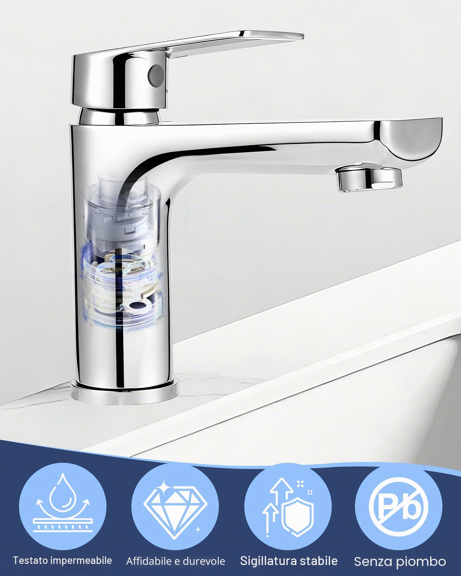 Rubinetto da bagno in acciaio inox, miscelatore monocomando per lavandino, rubinetto da bagno con tubo di collegamento da 60 mm, altezza erogatore 95 mm, risparmio energetico, rubinetto per lavabo per