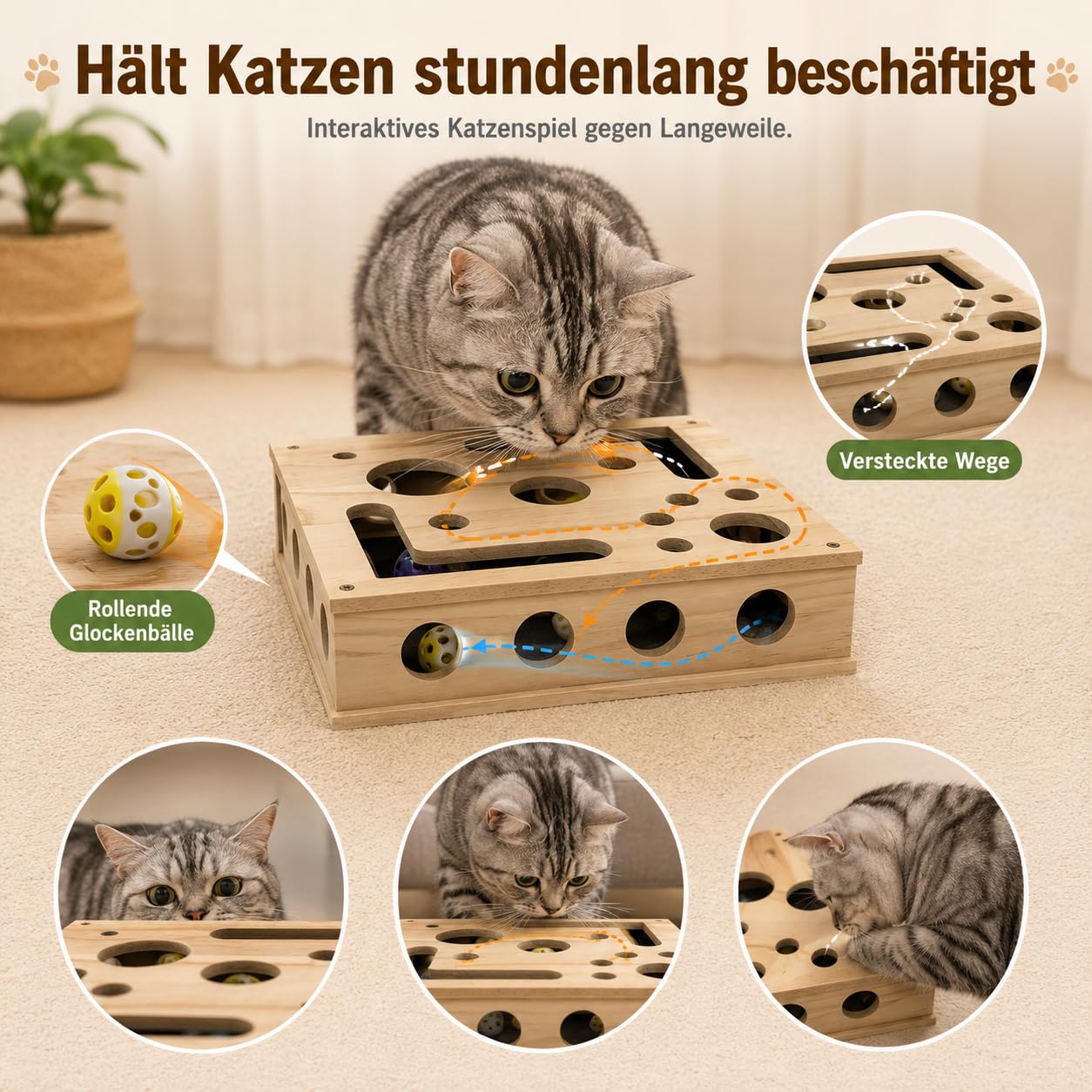 Taichaeu 2-in-1 Katzen Kratzspielzeug mit Intelligenzspiel & Krallenpflege - Interaktive Nagelfeilen, Katzen Krallenpflege beim Spielen, Katzen Kratzbrett aus Holz - 3 Glockenbällen & Federstab