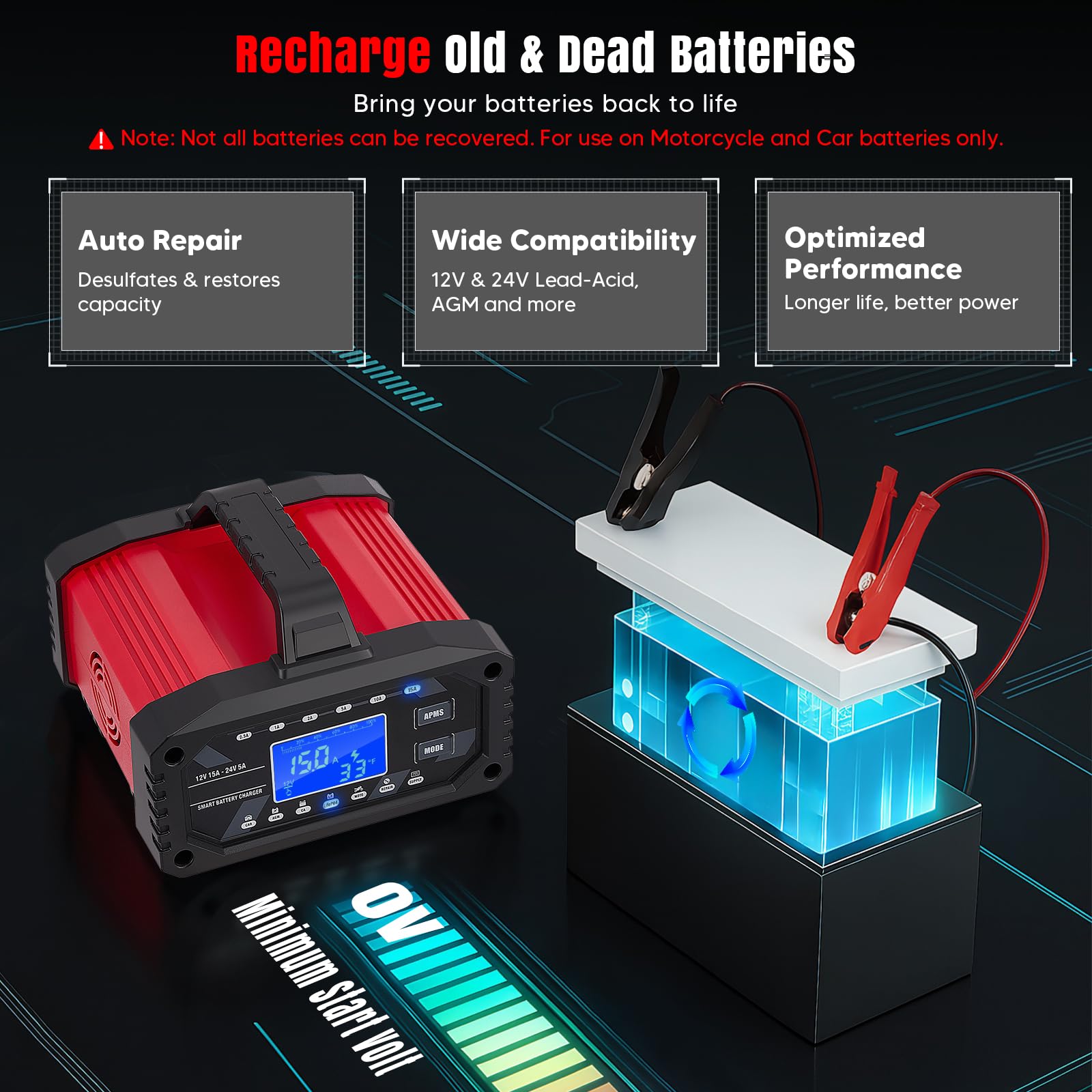 15A Cargador de Batería de Coche, 12V 24V LiFePO4 Cargador de Batería de Coche Portátil 10-Etapas Batería Inteligente para Coche, Camión, Moto, Cortacésped, Barco, Marina