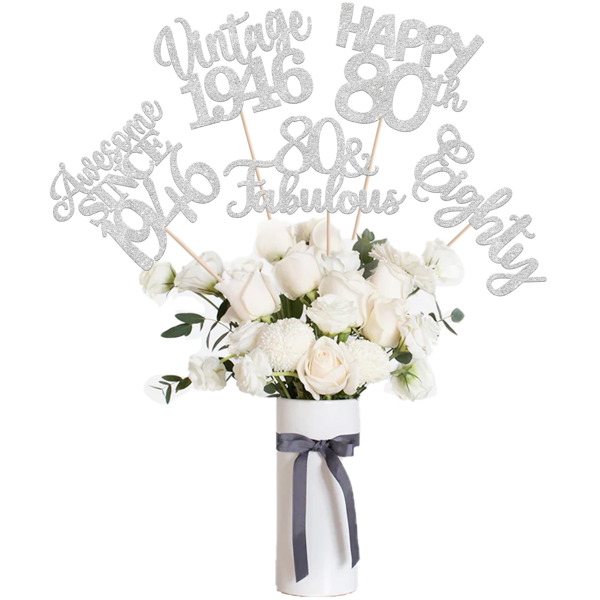 15 PCS 80th Birthday Centerpiece Sticks Glitter Eighty Happy 80 Vintage 1946 Table Flower Centerpieces Sticks Cheers to 80 Fabulous Floral Decorations for 80th Birthday Party Supplies Silver
