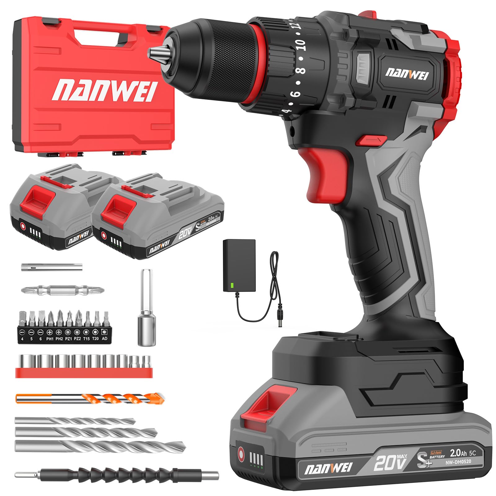 NANWEI Cordless Drill Driver 20V, Brushless Electric Drill with 2 Battery, 50N.m, 20 Torque Setting, 3 Mode, 2 Speed, LED Light, Cordless Driver and Screwdriver Set for Home