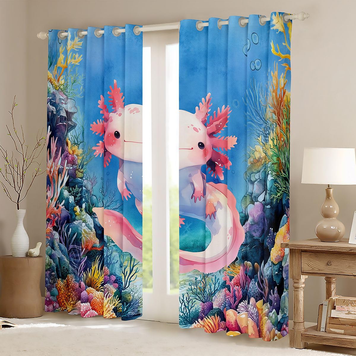 Homemissing Axolotl - Tende oscuranti per camera da letto e soggiorno, motivo animali marini in stile cartone animato, tende oscuranti con salamandra, 2 pannelli, 132 x 228 cm, decorazione per la