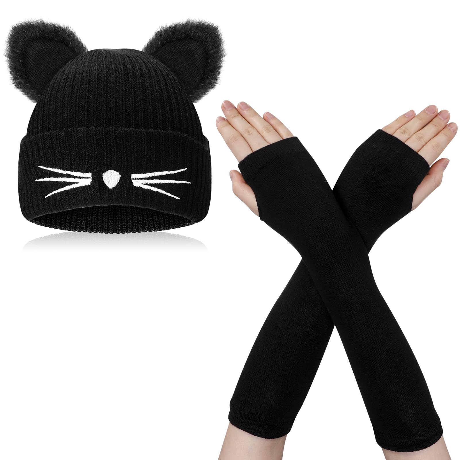 Women's Cat ERAS Crochet Knitted Winter Warm Ski Slouchy Beanie Hat with Long Fingerless Gloves Black