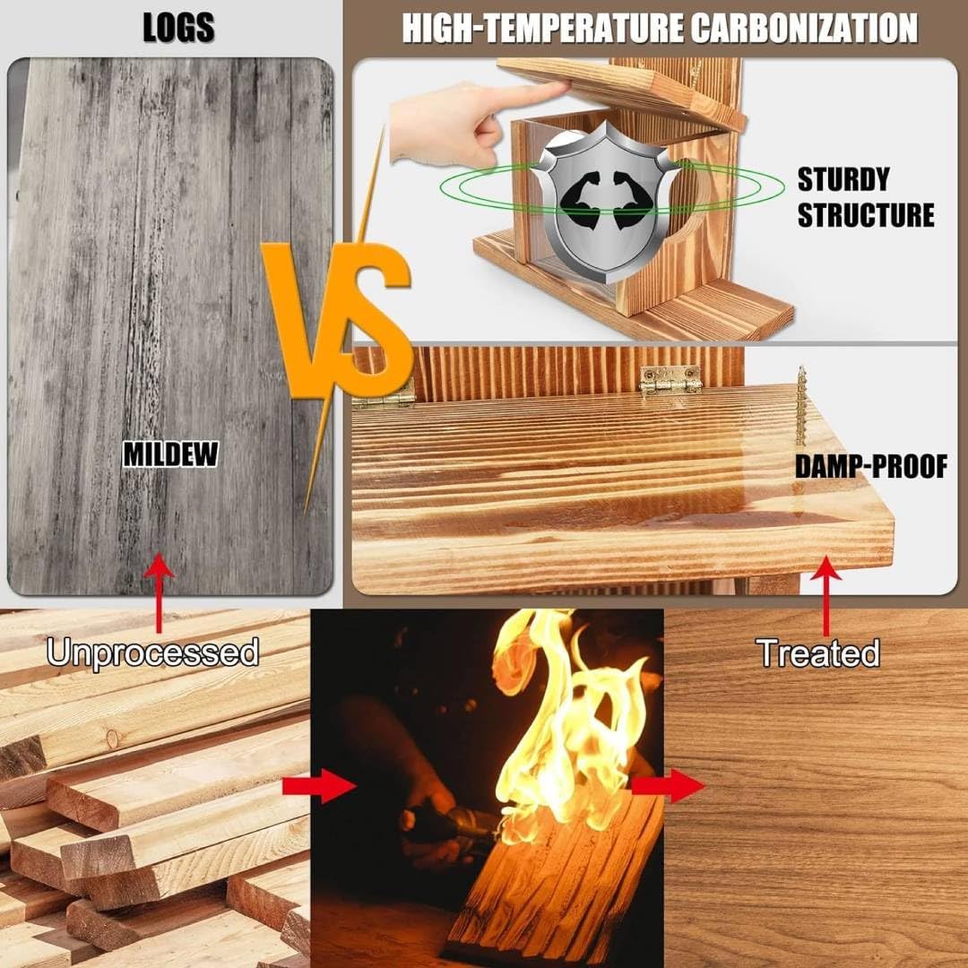 Carbonized Wood Squirrel Feeder, Squirrel Feeders for Outside Winter, Durable Squrrill House Box Easy to Fill with Removable Front Panel, Wooden Chipmunk Feeder for Corn, Peanuts（1 PC）