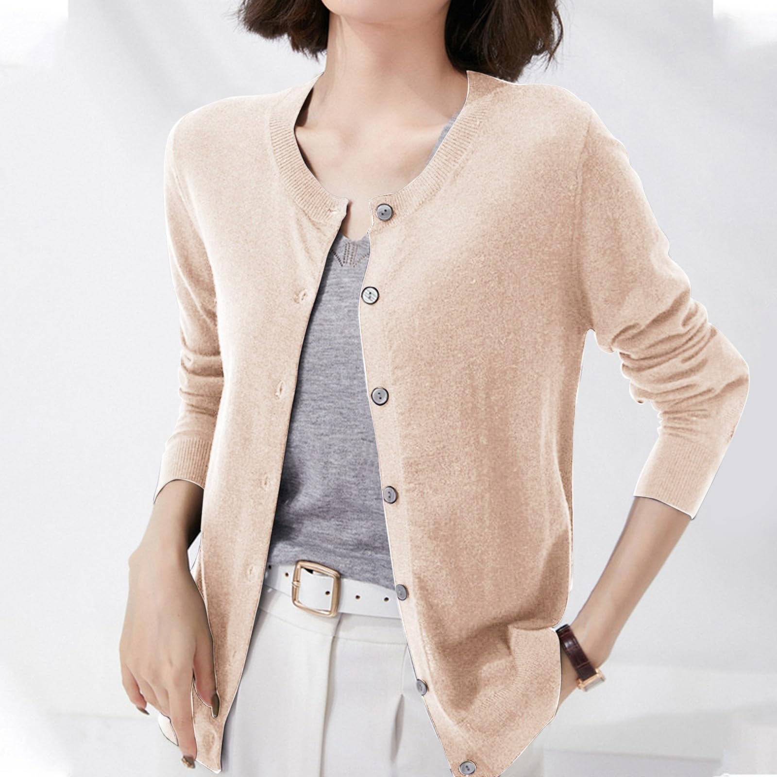 Cardigan Décontracté Léger Gilet Femme - Pull Cardigan Léger Coupe Slim pour Veste en Tricot À Manches Longues Et Col Rond Ouvert sur Le Devant