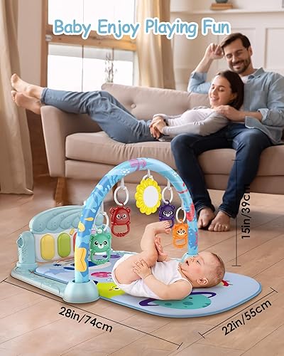 Miniatura 5 de dearlomum Alfombrilla de gimnasio para bebé con piano musical de 4 teclas, luces, sonidos y juguetes colgantes para el tiempo boca abajo y el