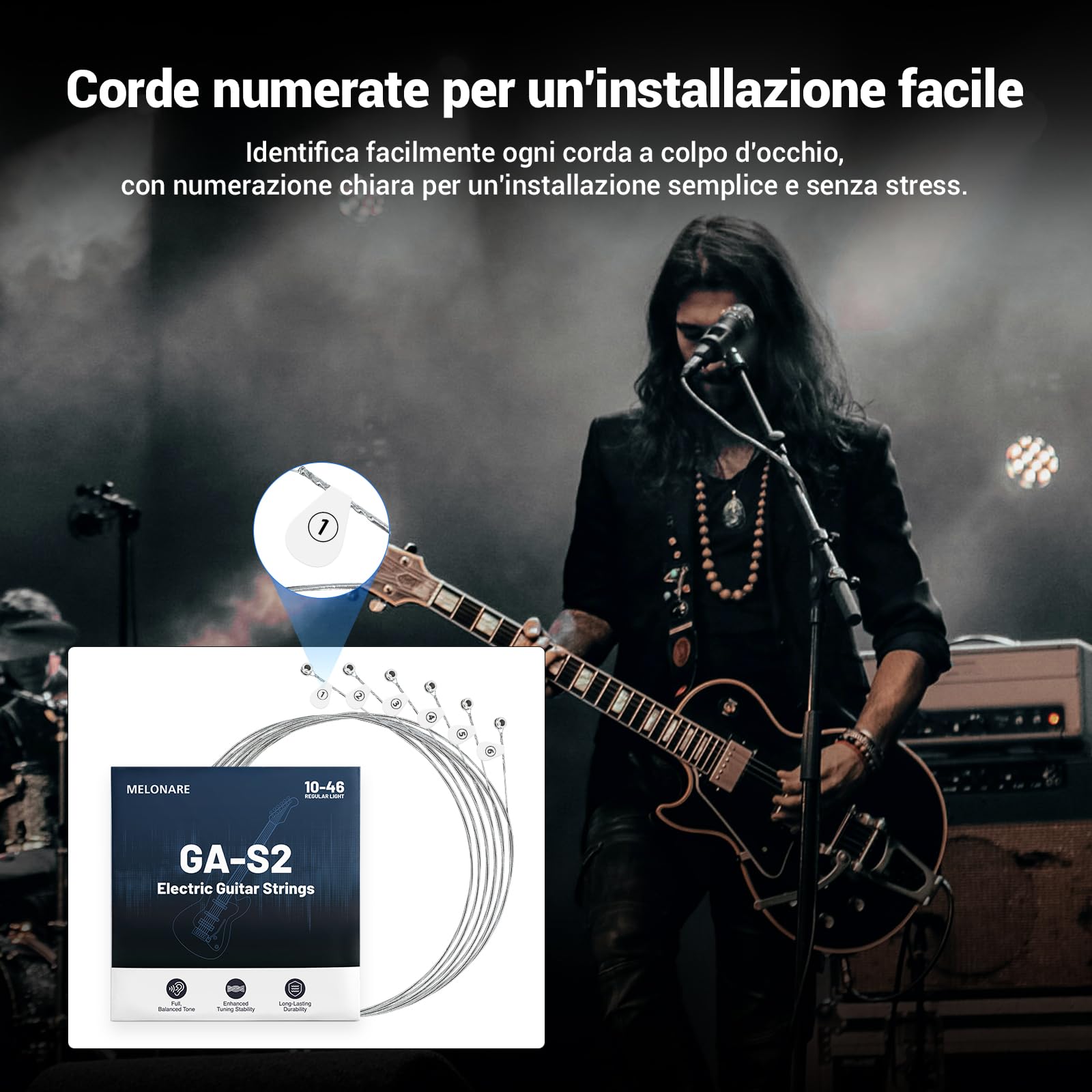 MELONARE Corde per chitarra elettrica, estremità a sfera, avvolgimento in acciaio nichelato, anima esagonale e rivestimento antiruggine, 10–46 Regular Light, confezione da 10 (GA-S2-10)