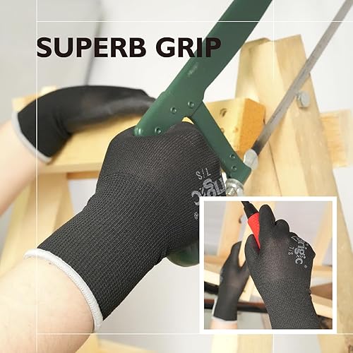 Miniatura 3 de 12 pares de guantes de trabajo con revestimiento de poliuretano, guantes de trabajo ecológicos para hombres y mujeres, excelente agarre, paquete a